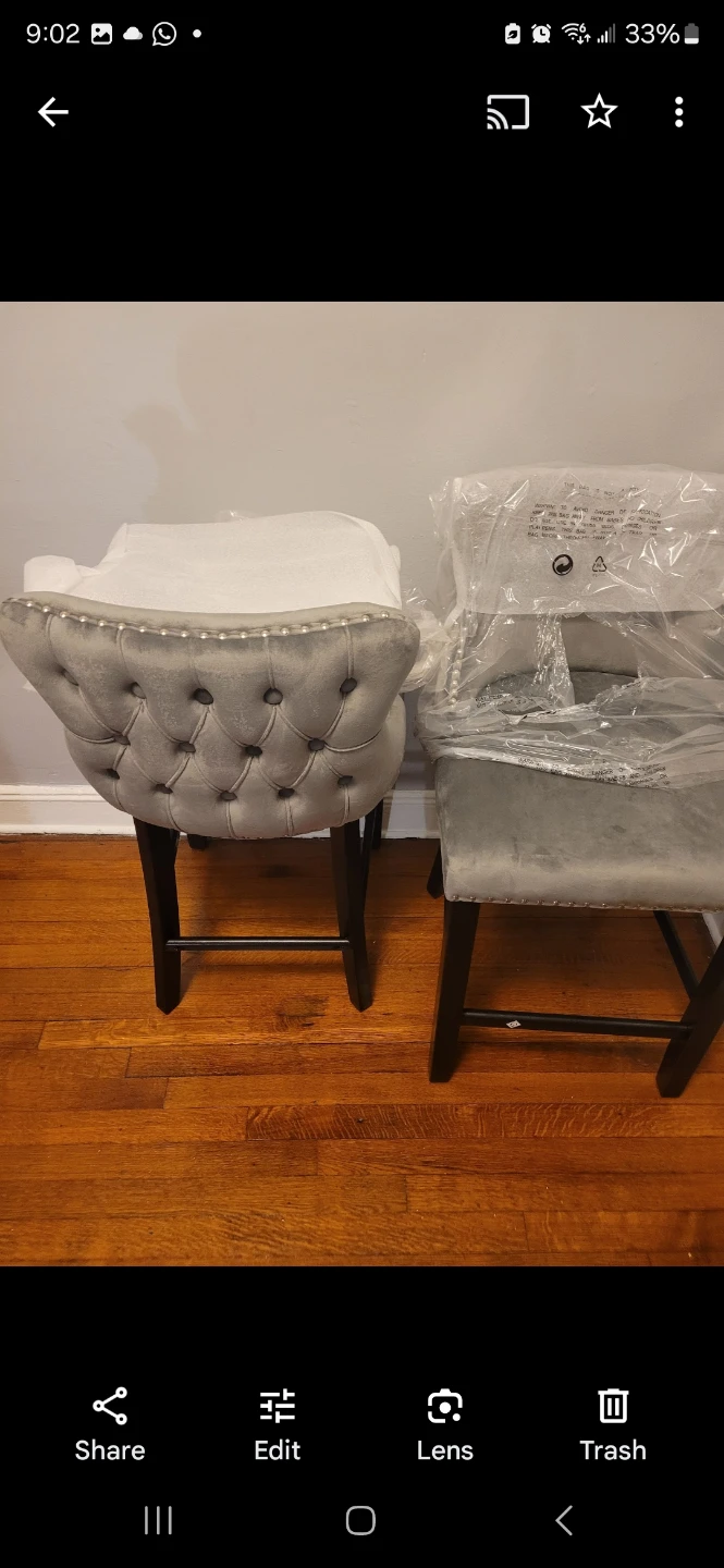 Set of 2 Gray Velvet Tufted Bar Stools - photo 4