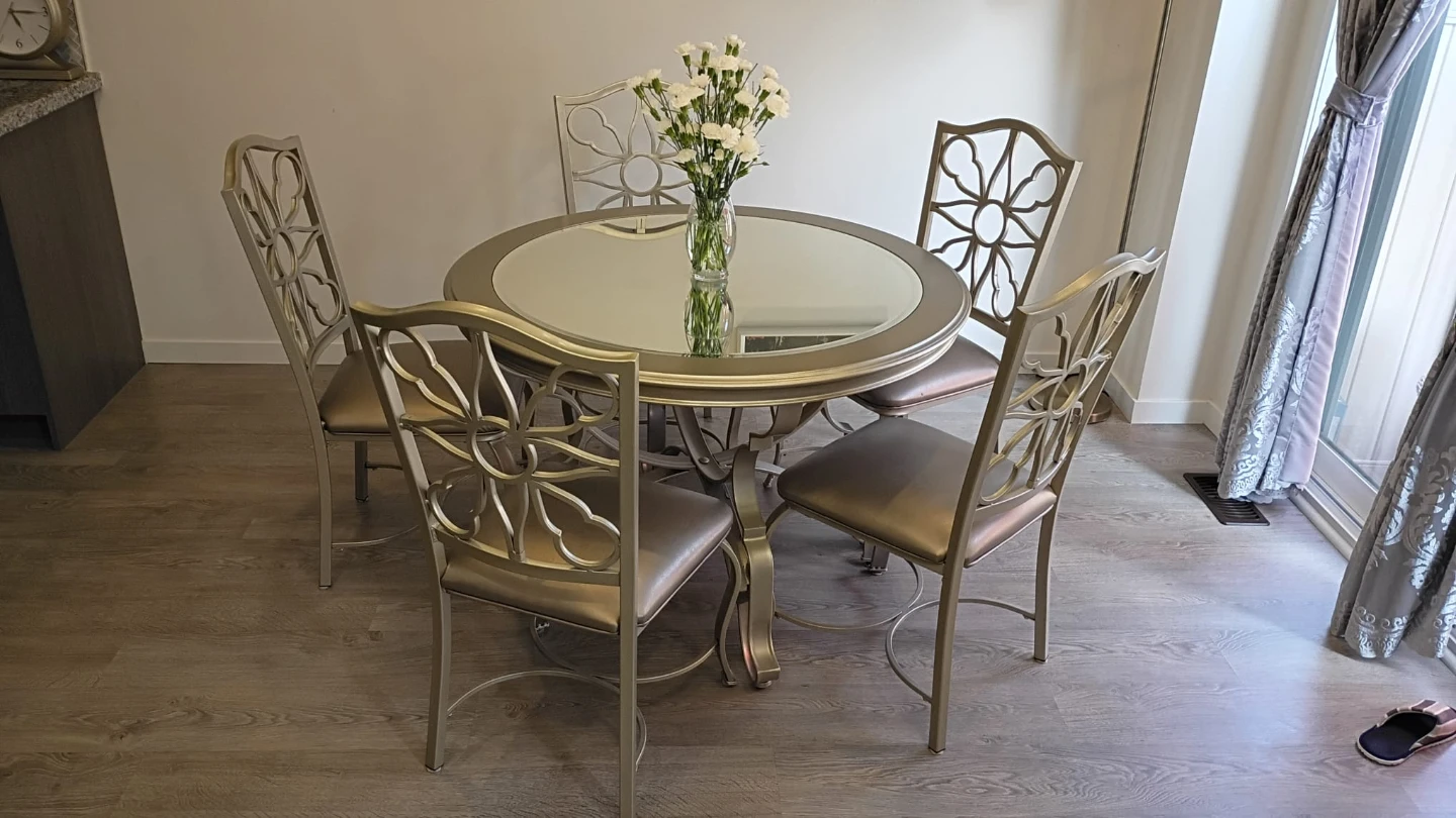 Ashley Round Mirror-top Dining Table Set with 5 Chairs.