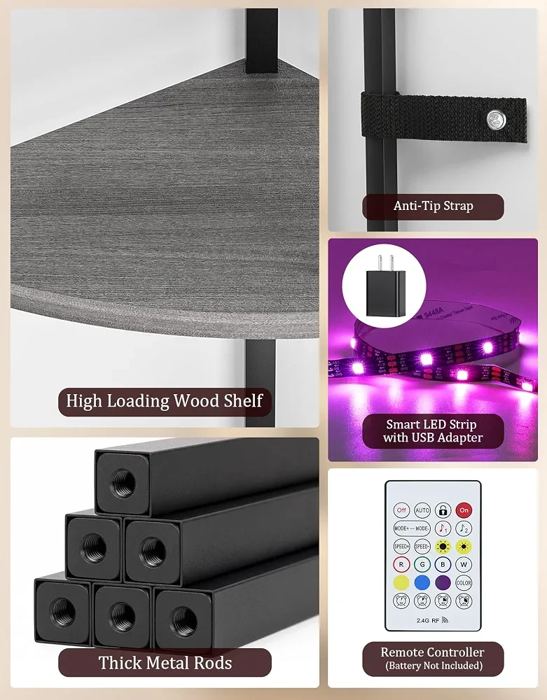 Corner Shelf with LED Light, 5 Tier Floor Lamp - photo 4
