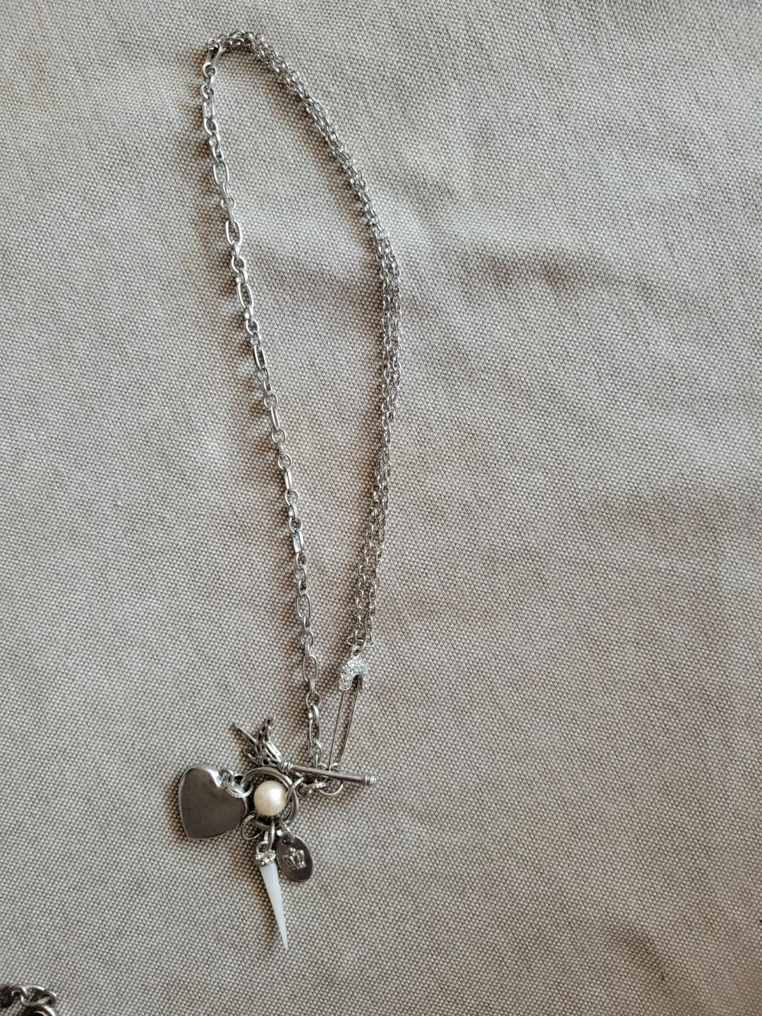 Silver Charm Necklace with Safety Pin and Pearl