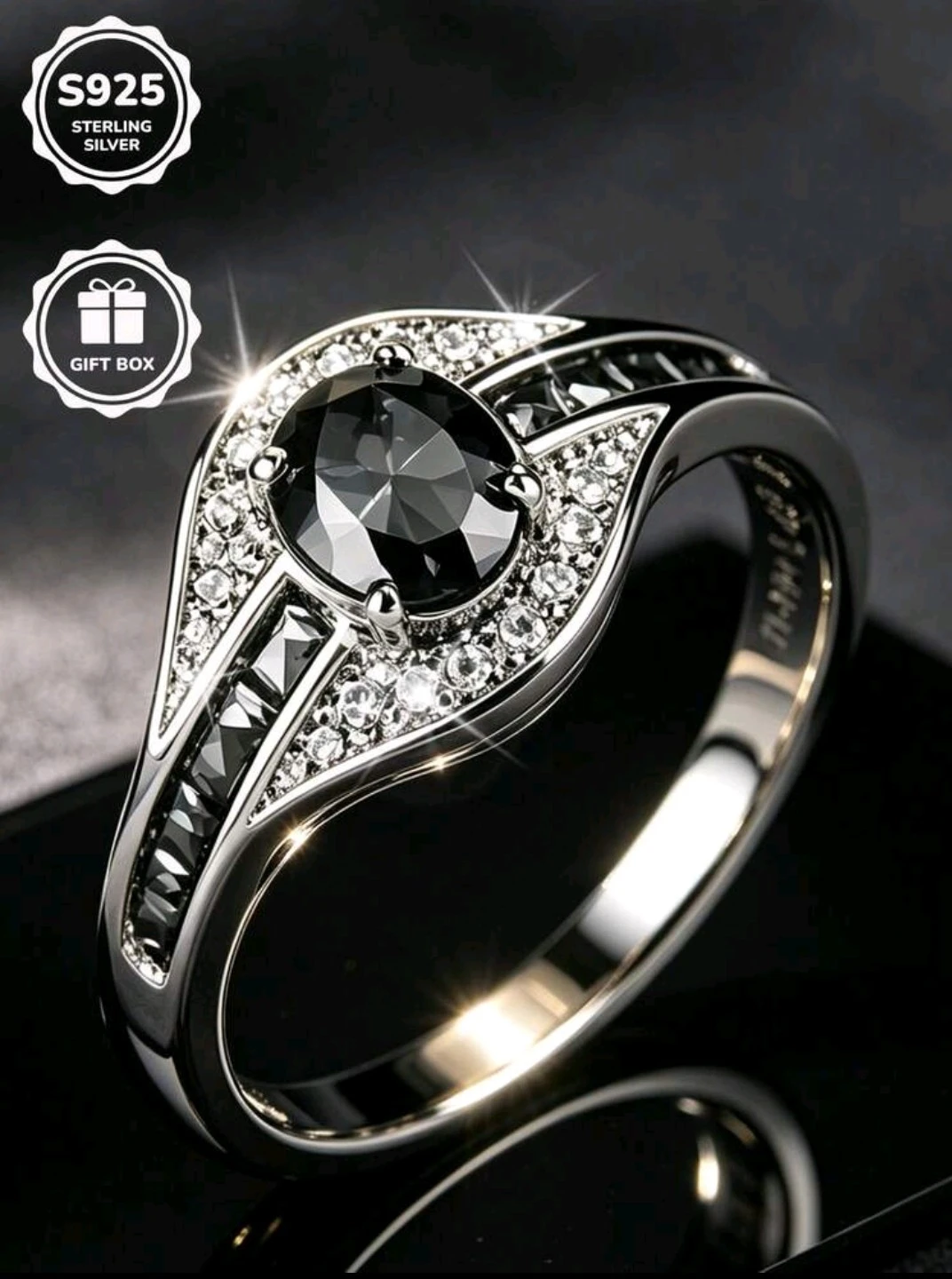 Sterling Silver Black Stone Ring with Gift Box