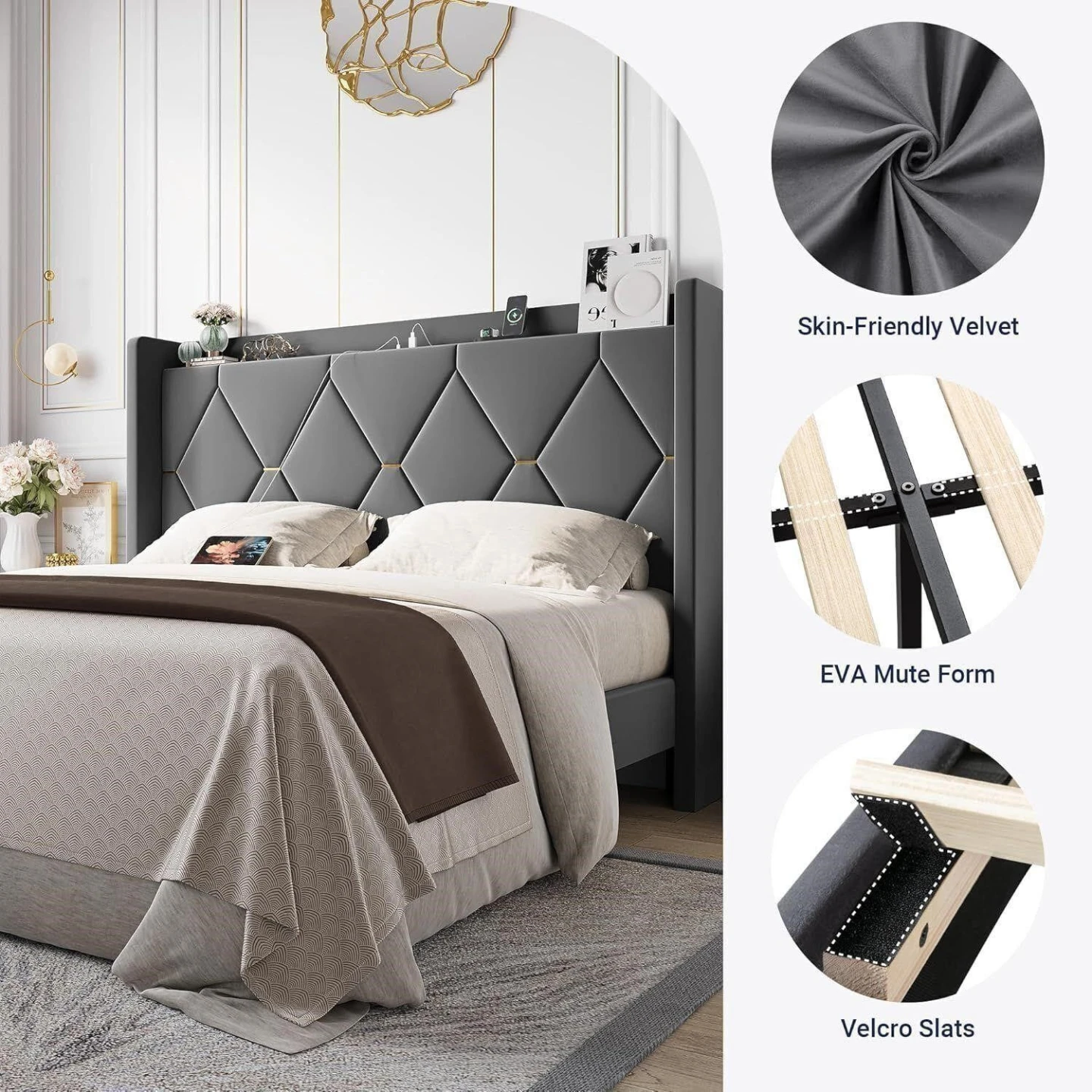 Allewie BNIB Grey Velvet Queen Bed Frame - photo 5