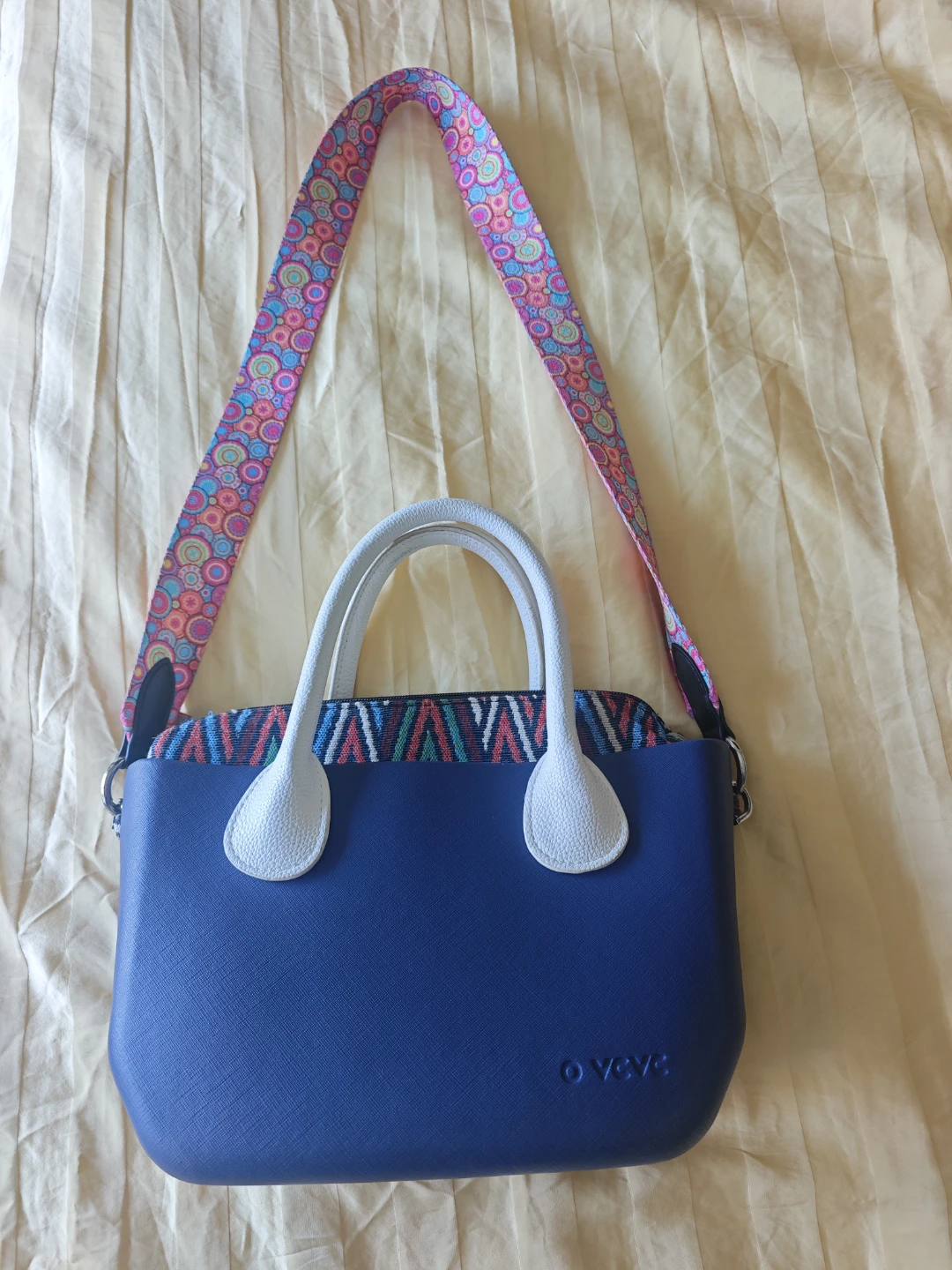 O bag Blue Tote Bag with Colourful Strap