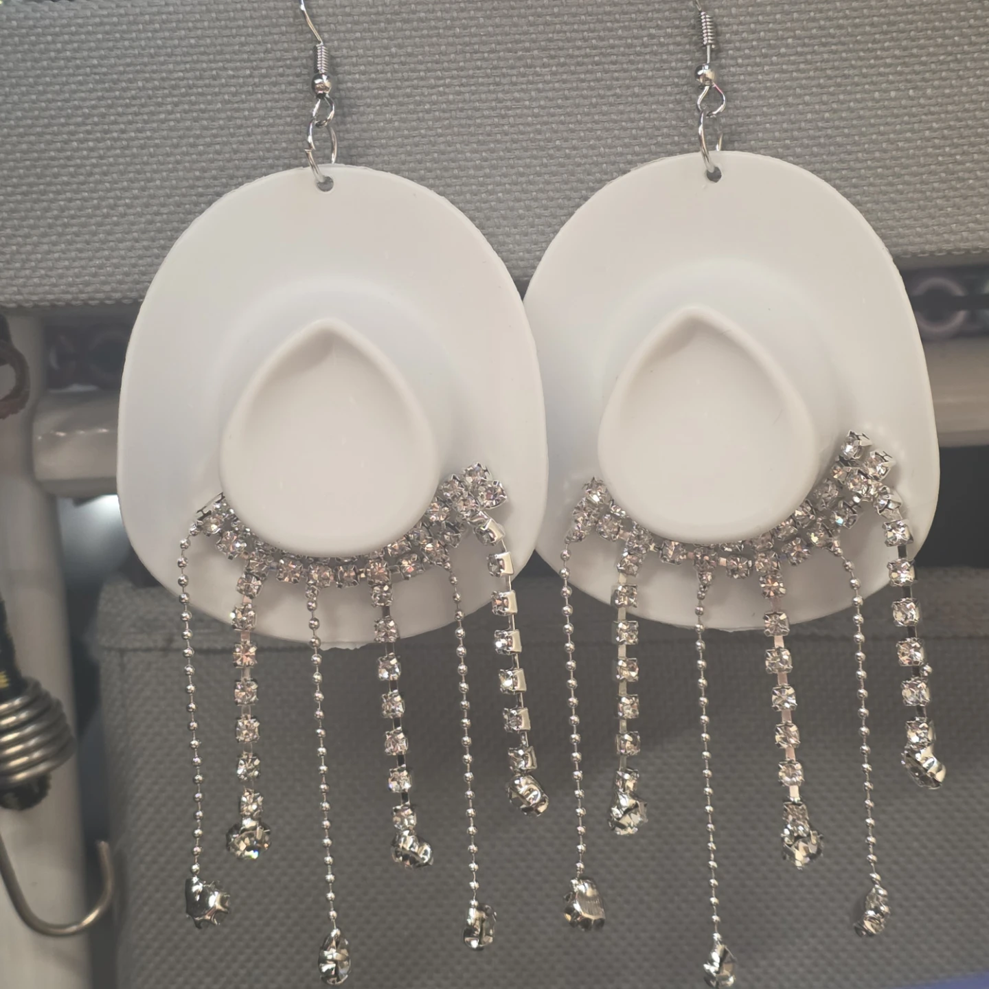 BRAND NEW White Cowboy Hat Earrings with Rhinestone Fringe