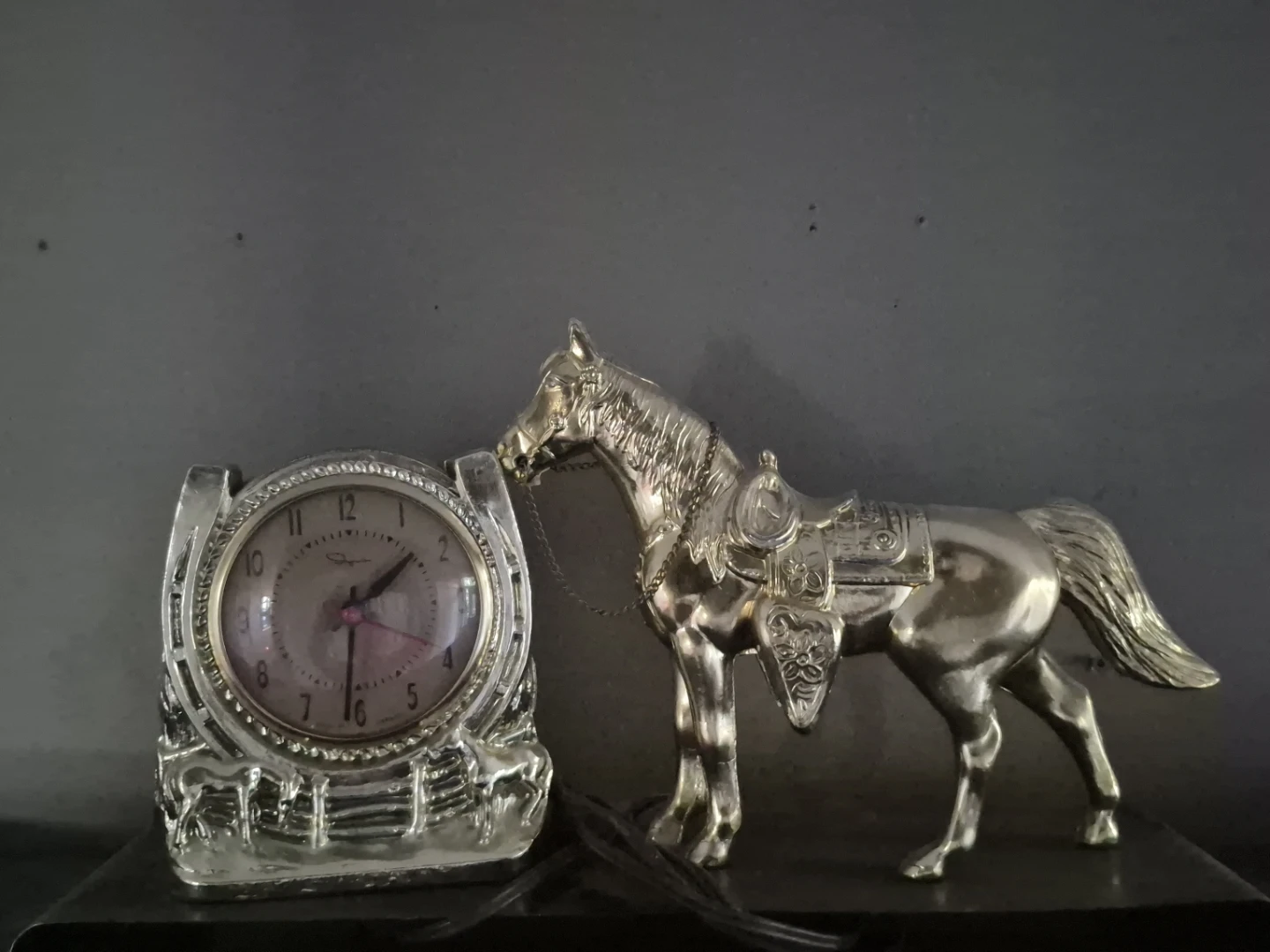 Silver Tone Horse Statue and Clock