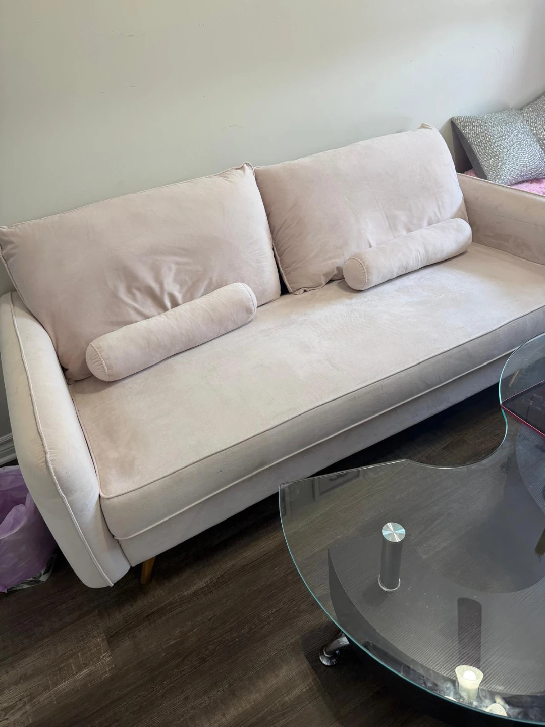 Pale Pink Velvet Sofa with Bolster Pillows - photo 3