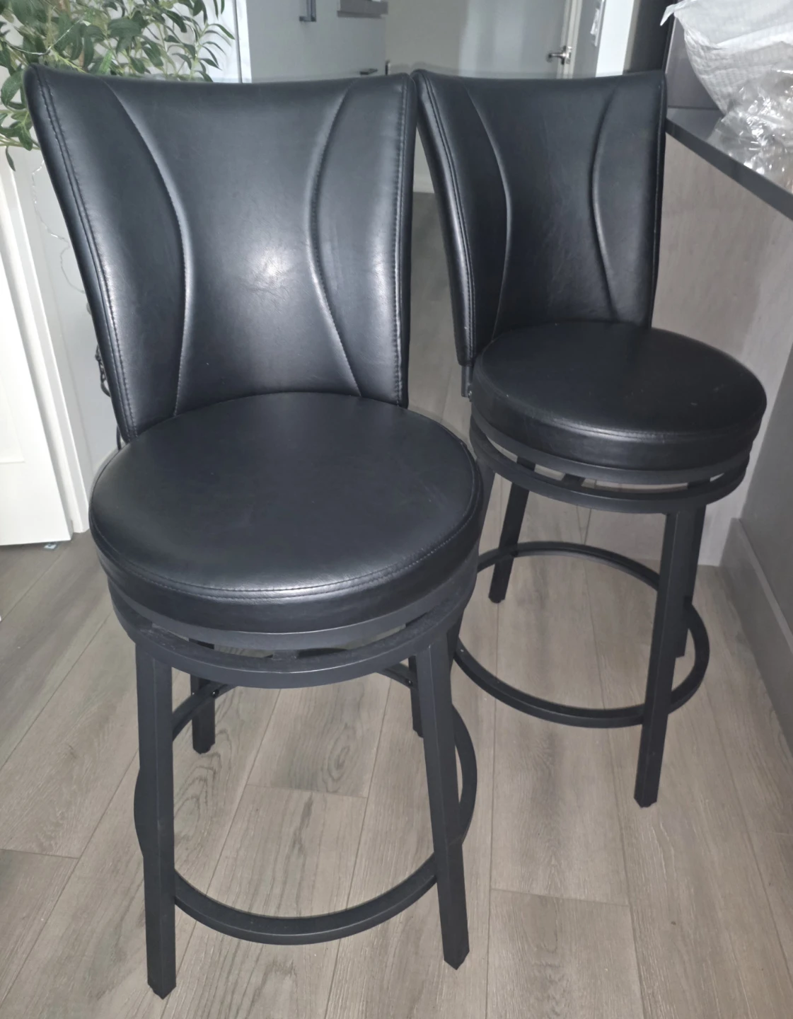 2 - TWO LEATHER Black Swivel Bar Stools (Set of 2)