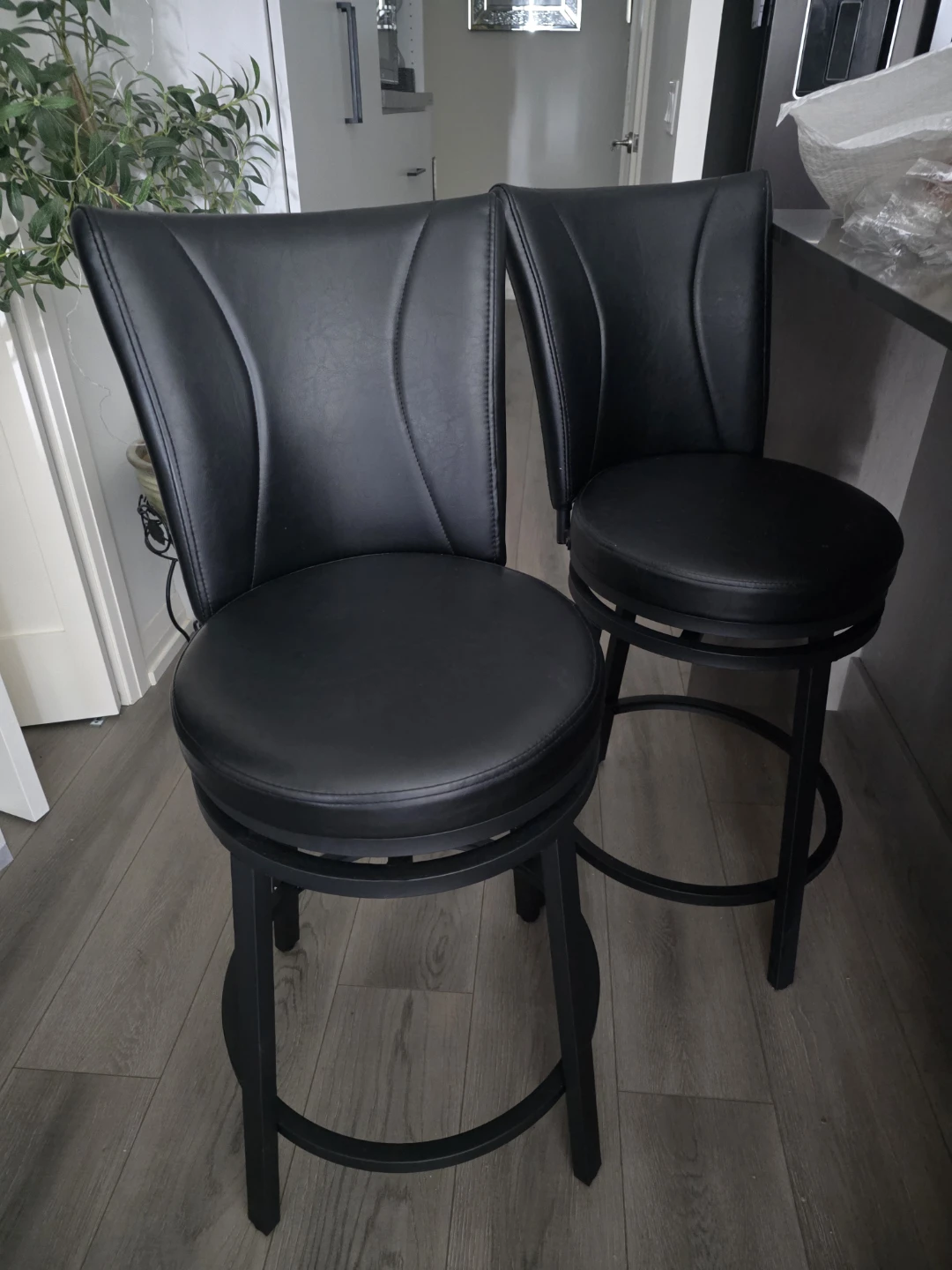 2 - TWO LEATHER Black Swivel Bar Stools (Set of 2) - photo 2