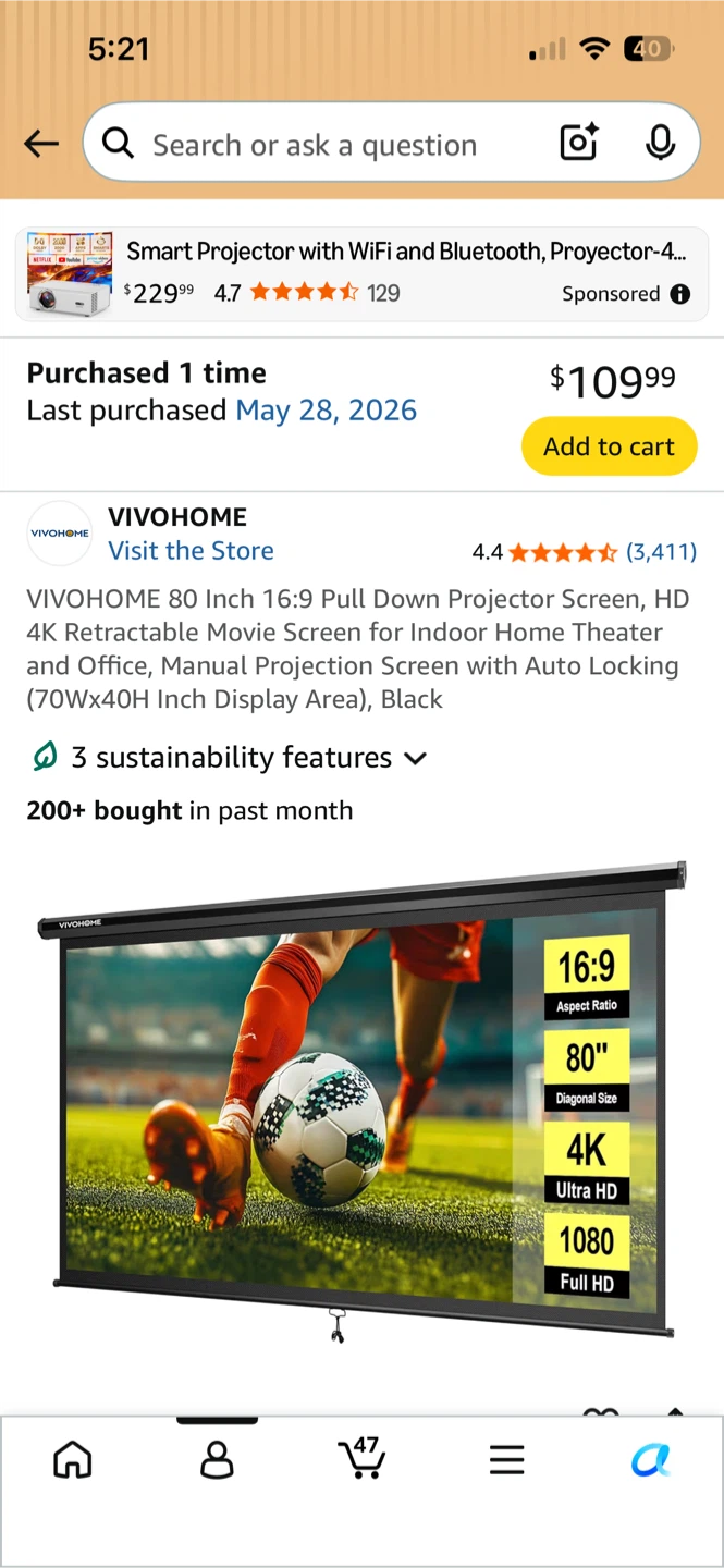 80 inch pull down projector screen - new in shipping box