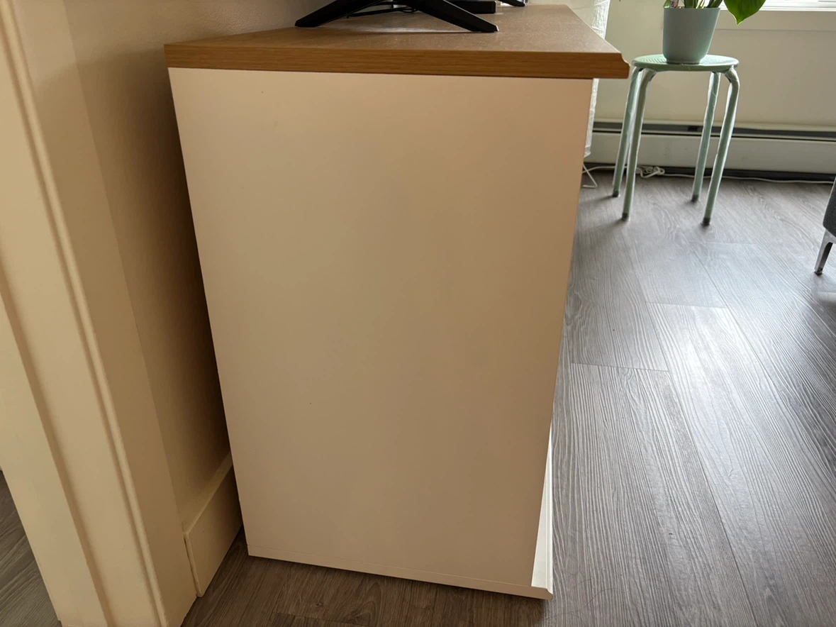 White TV Stand with Wood Top without items placed in the shelf. - photo 2