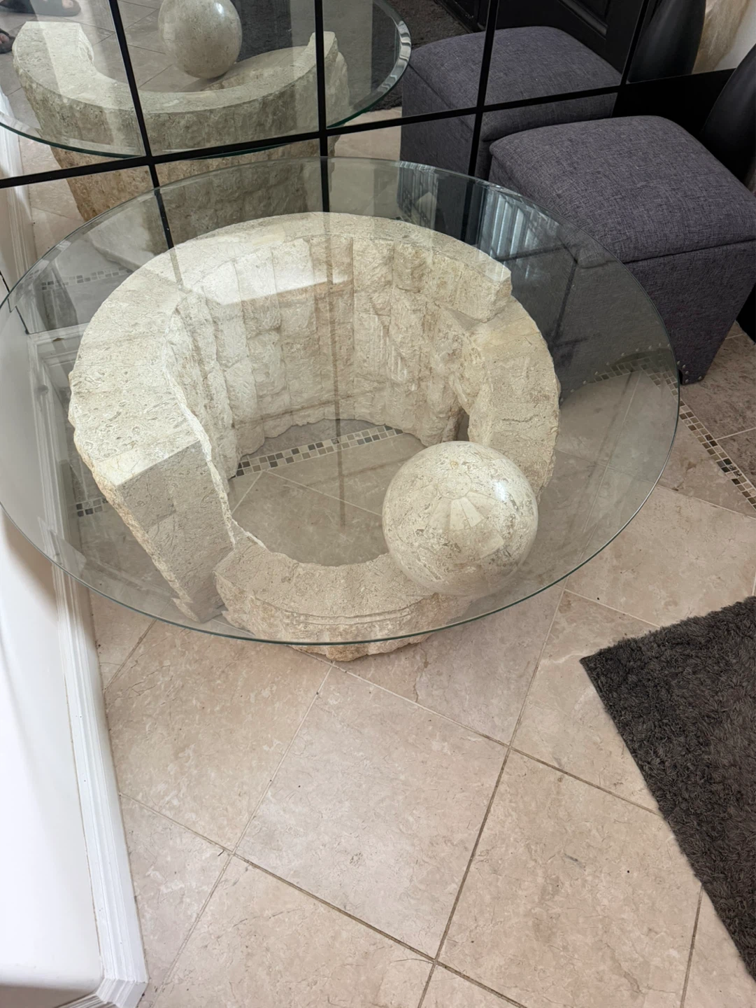 Glass Top Coffee Table with Stone Base