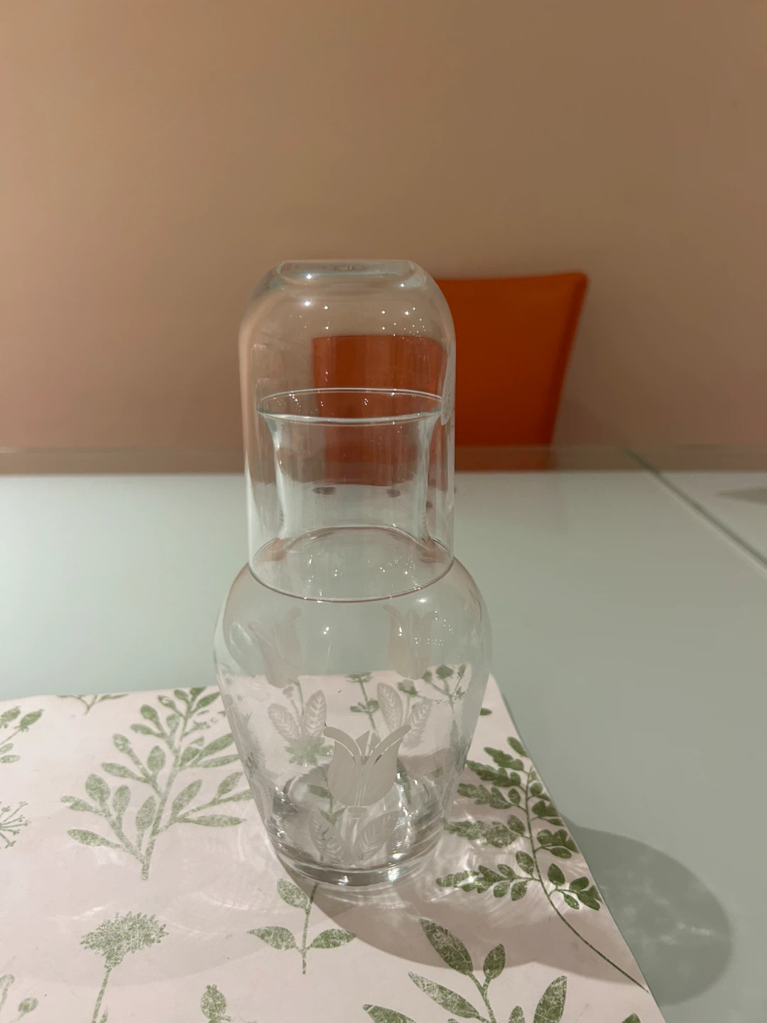Set of 2 Clear Glass Vases with Etched Flowers