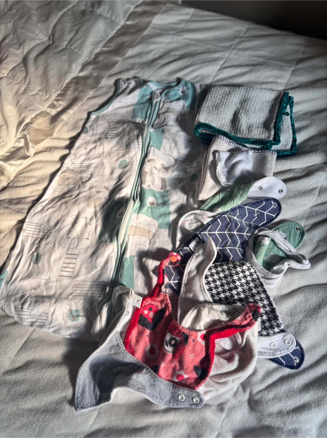 Baby sleep sack, car seat cover, and bibs bundle - photo 2