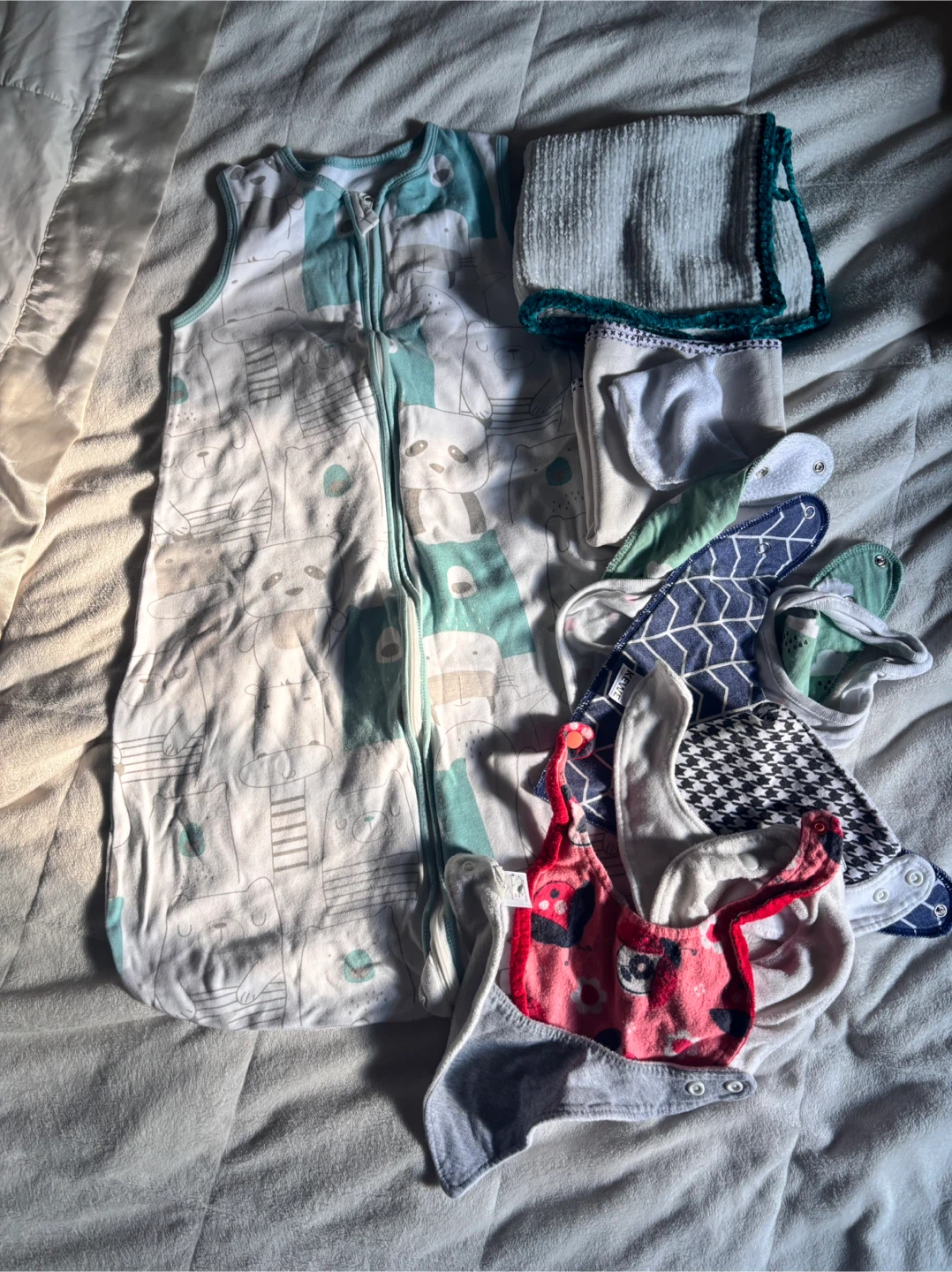 Baby sleep sack, car seat cover, and bibs bundle - photo 3