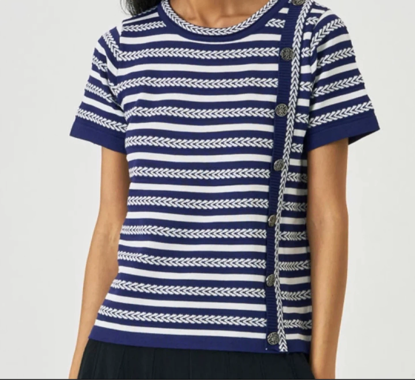 Striped Knit Top with CHA NEL Buttons