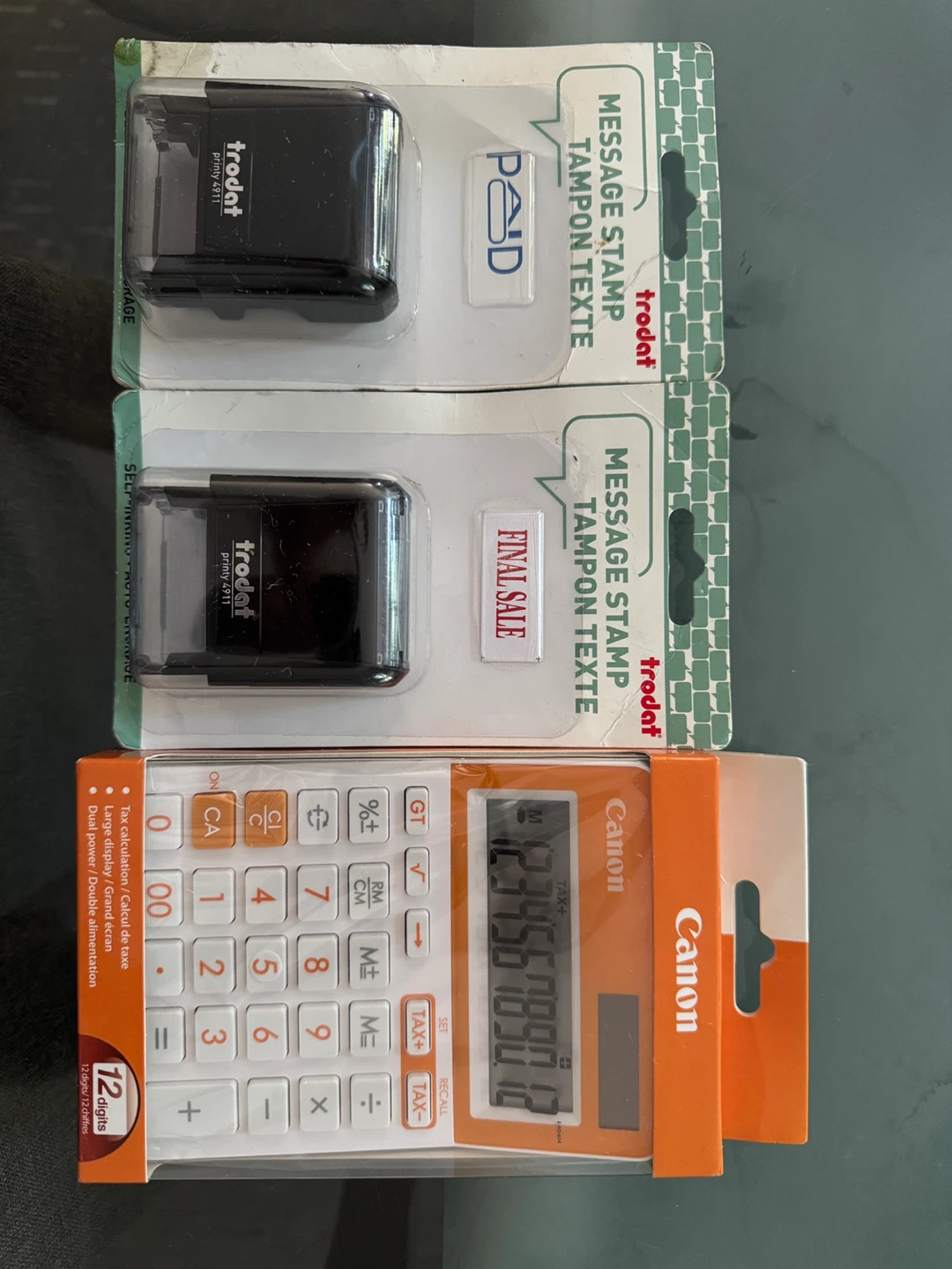 Canon 12-Digit Calculator (New) & 2x Trodat Message Stamps