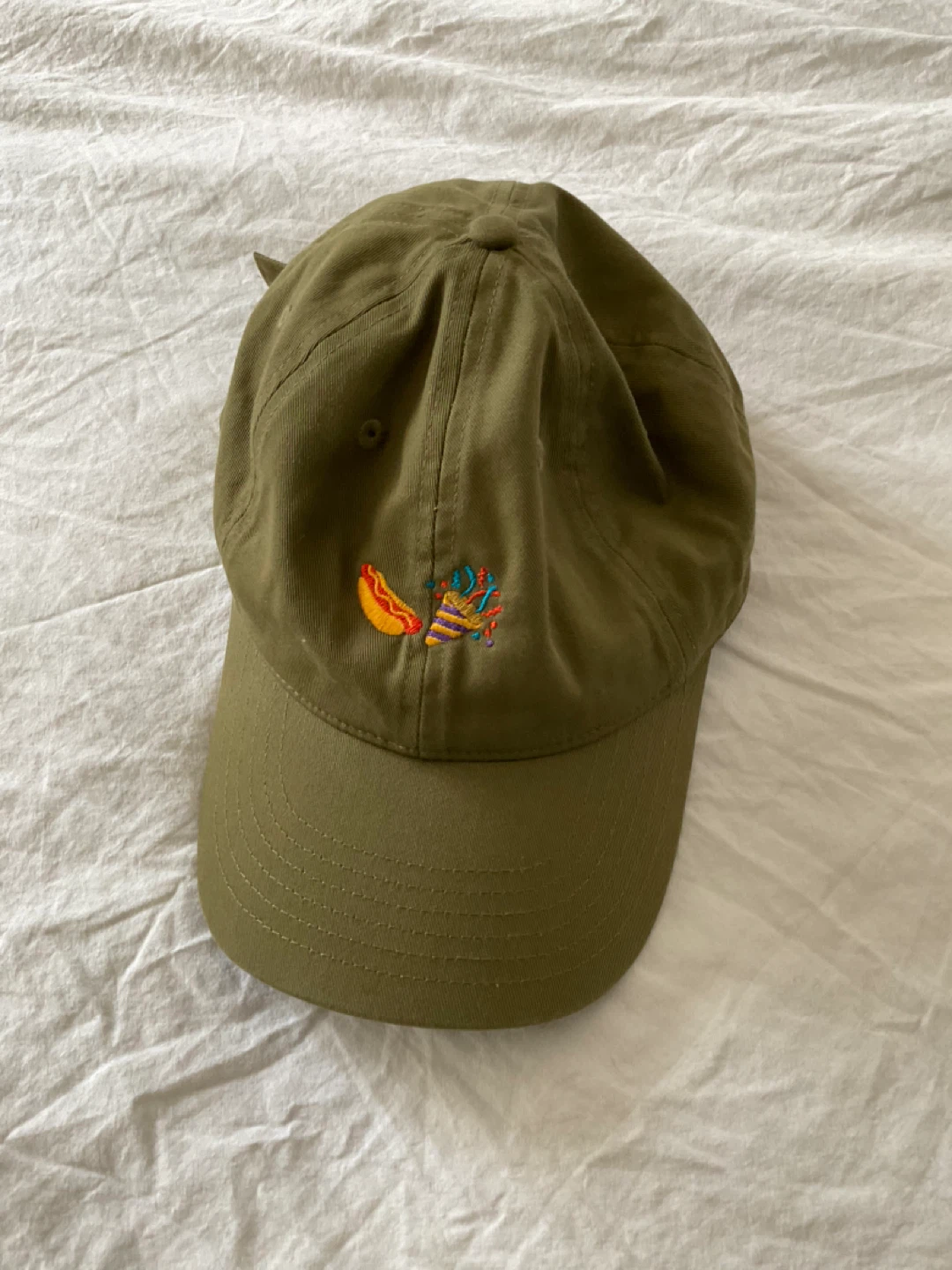 Olive Green Baseball Cap with Embroidered Hot Dog Party
