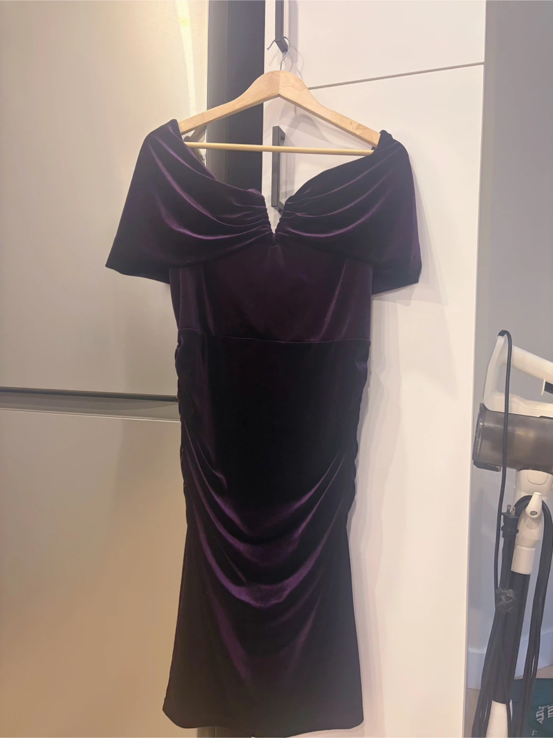 Le Château Purple Velvet Off-Shoulder Midi Dress