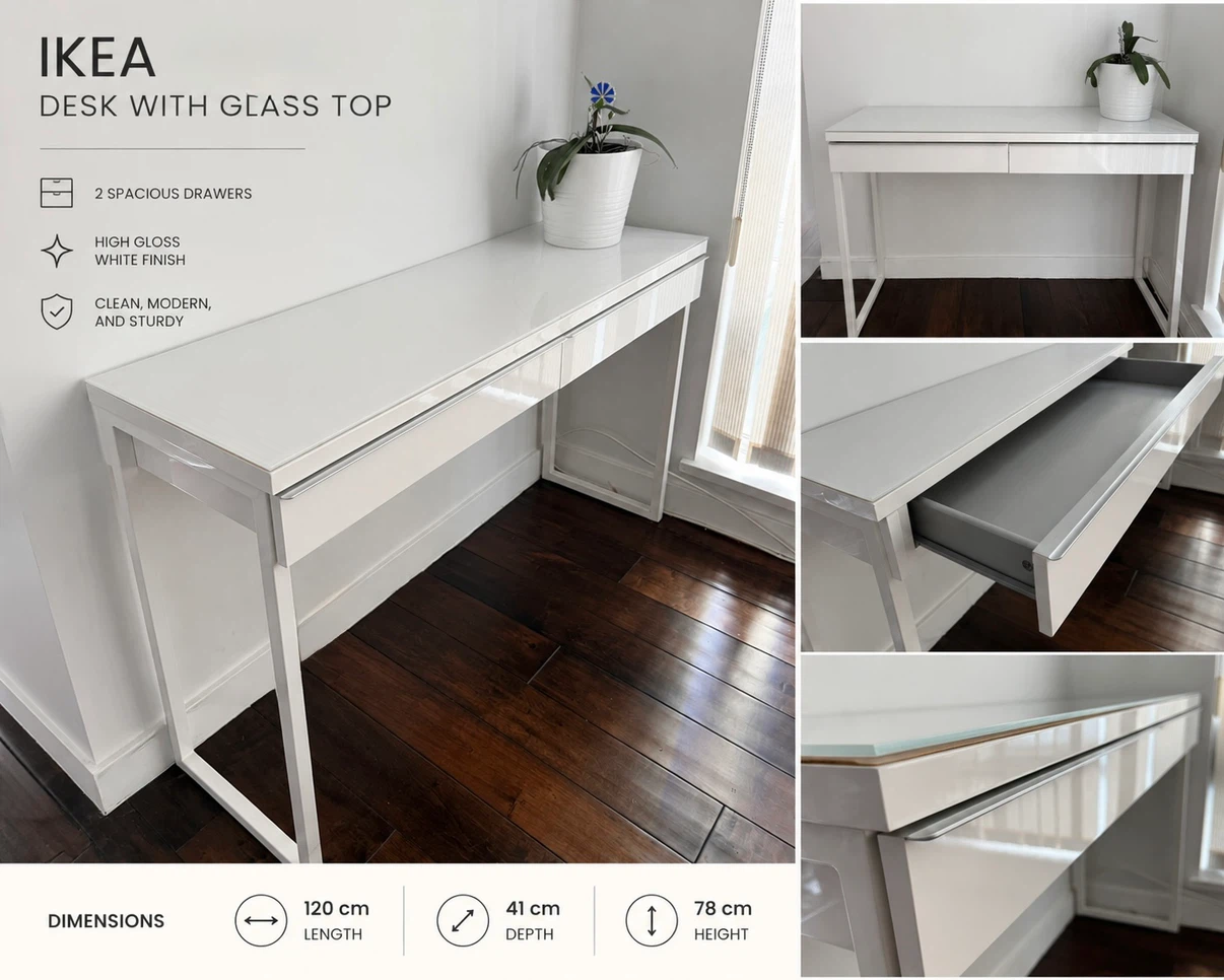 Contemporary White Desk with Glass Top