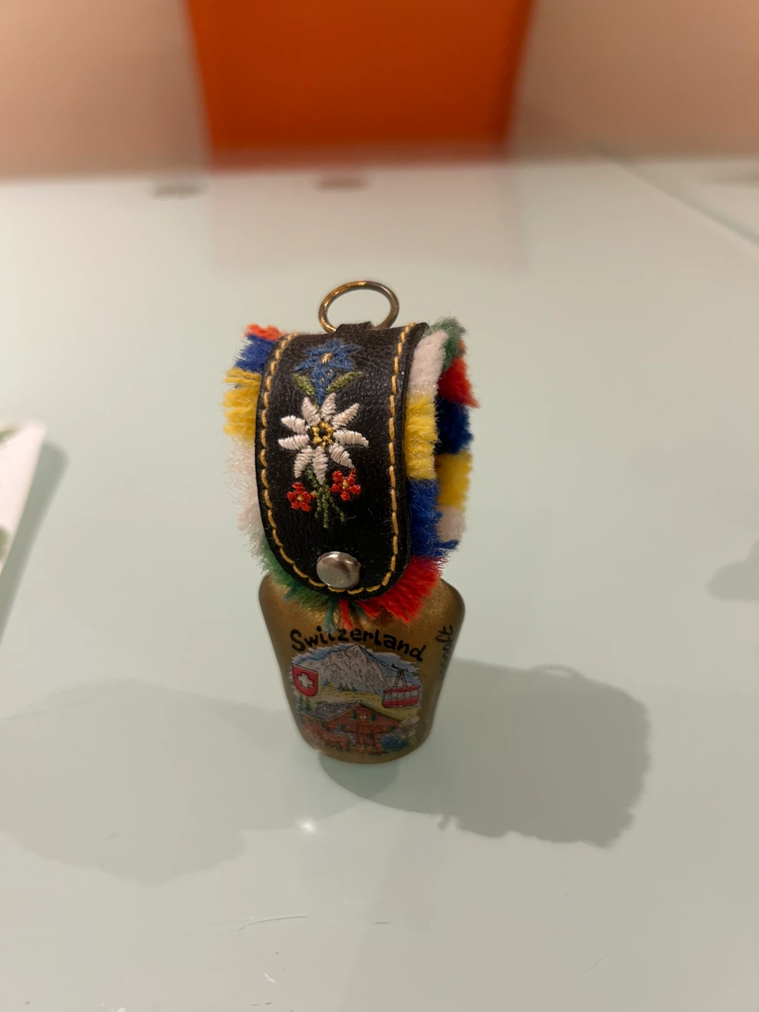 Swiss Bell Keychain with Embroidered Flower