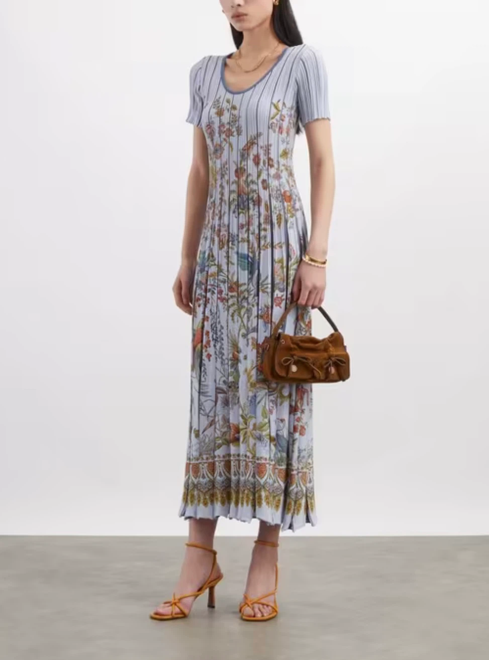 New Etro SS25 Floral Paisley Ribbed Pleated Midi Dress