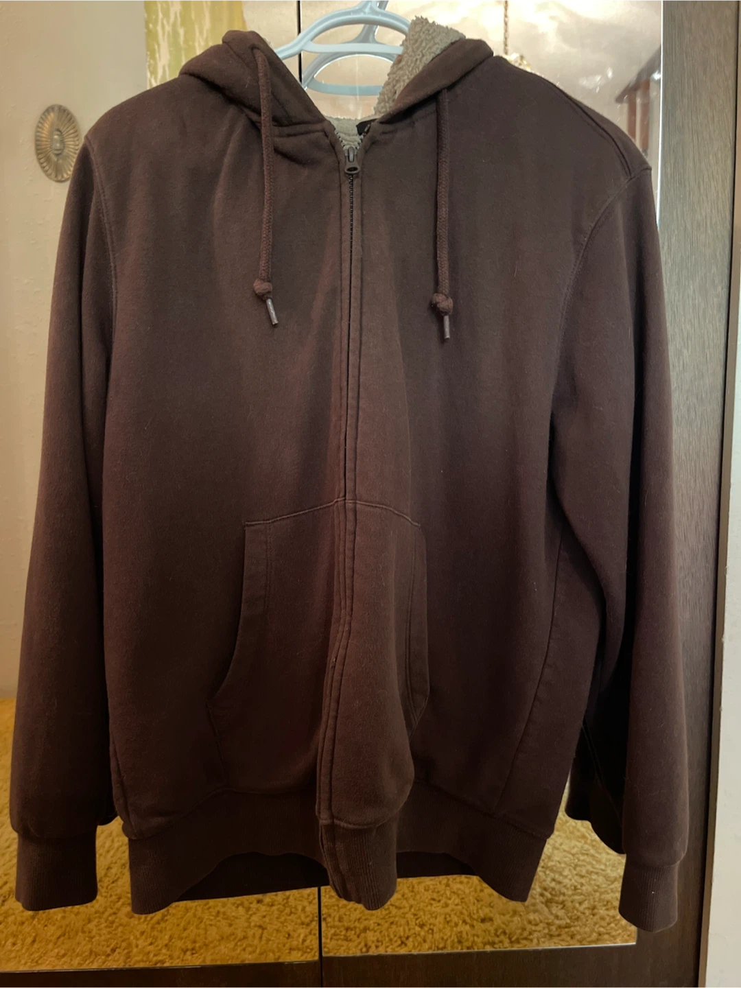 Brown Sherpa-Lined Hoodie zip up.