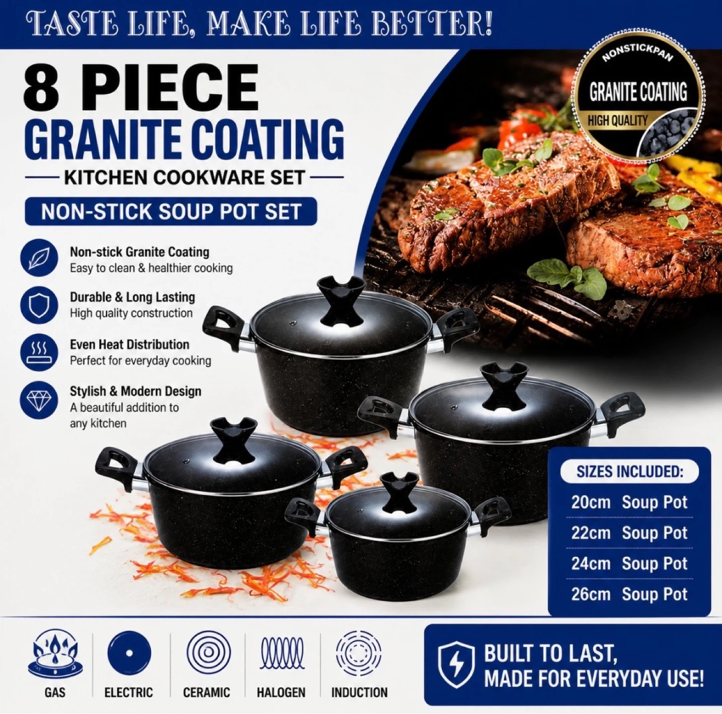 8 Piece Non-Stick Granite Coating Soup Pot Set