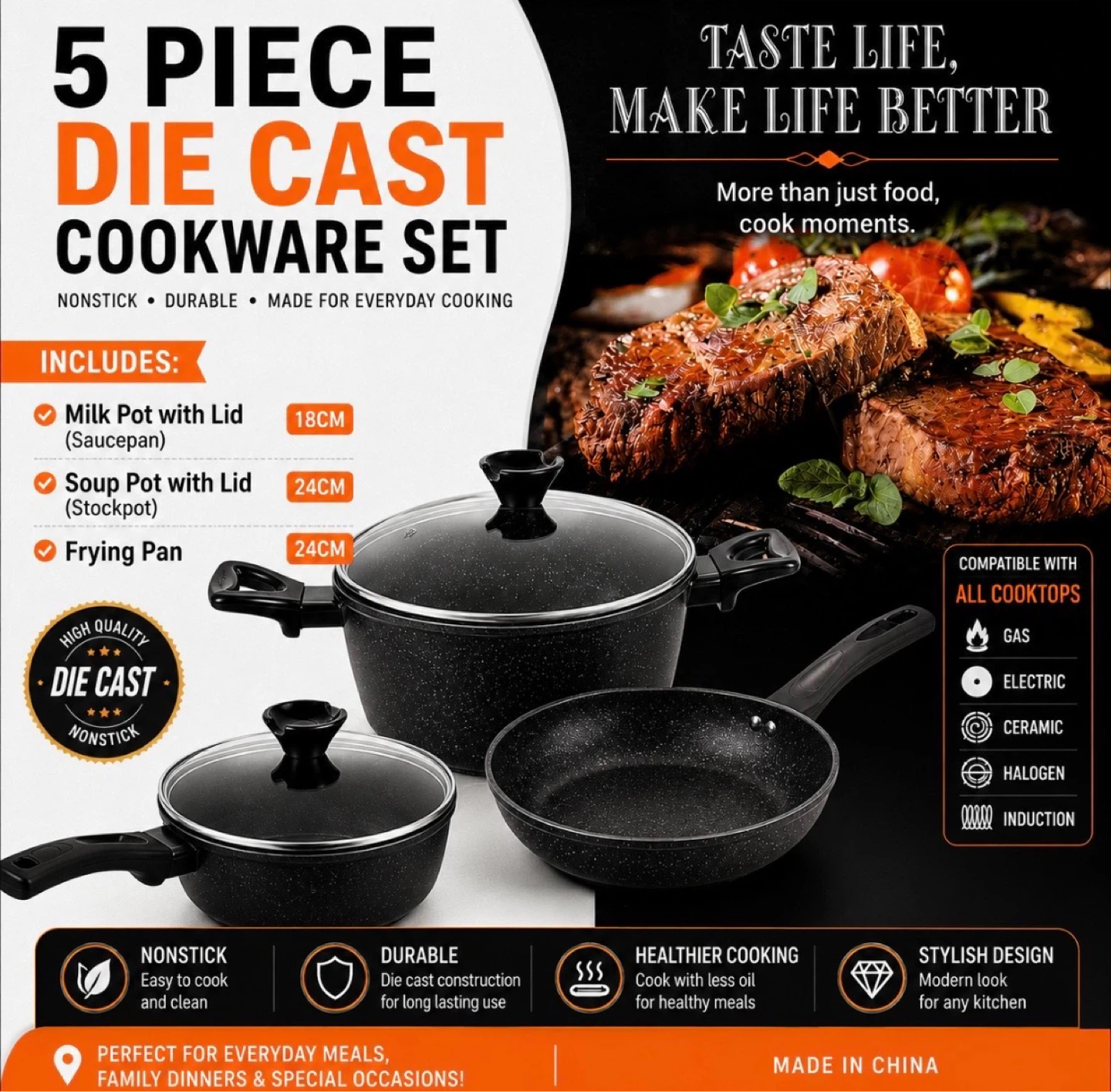 5 Piece Die Cast Cookware Set - Nonstick