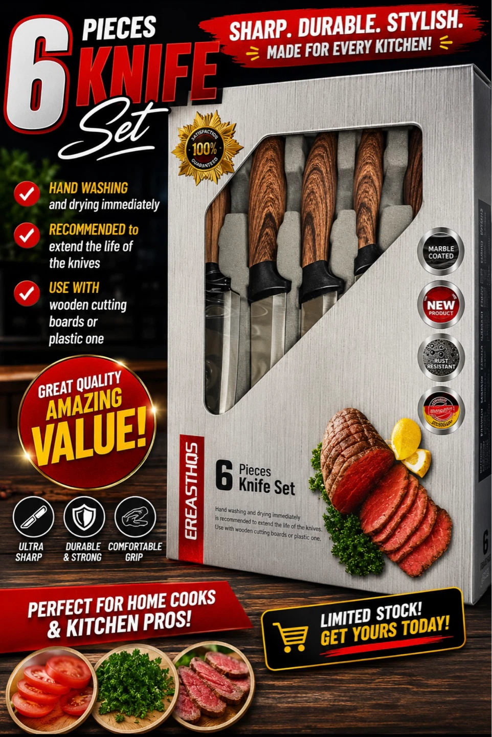 6 Piece Knife Set - EREASTHOS - Marble Coated