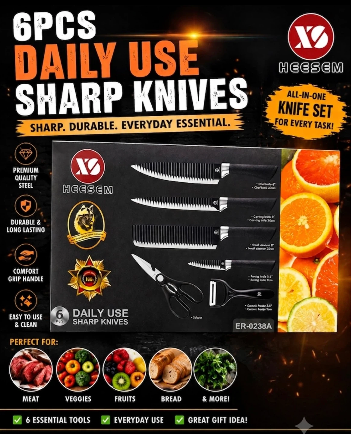 HEESEM 6-Piece Daily Use Sharp Knife Set