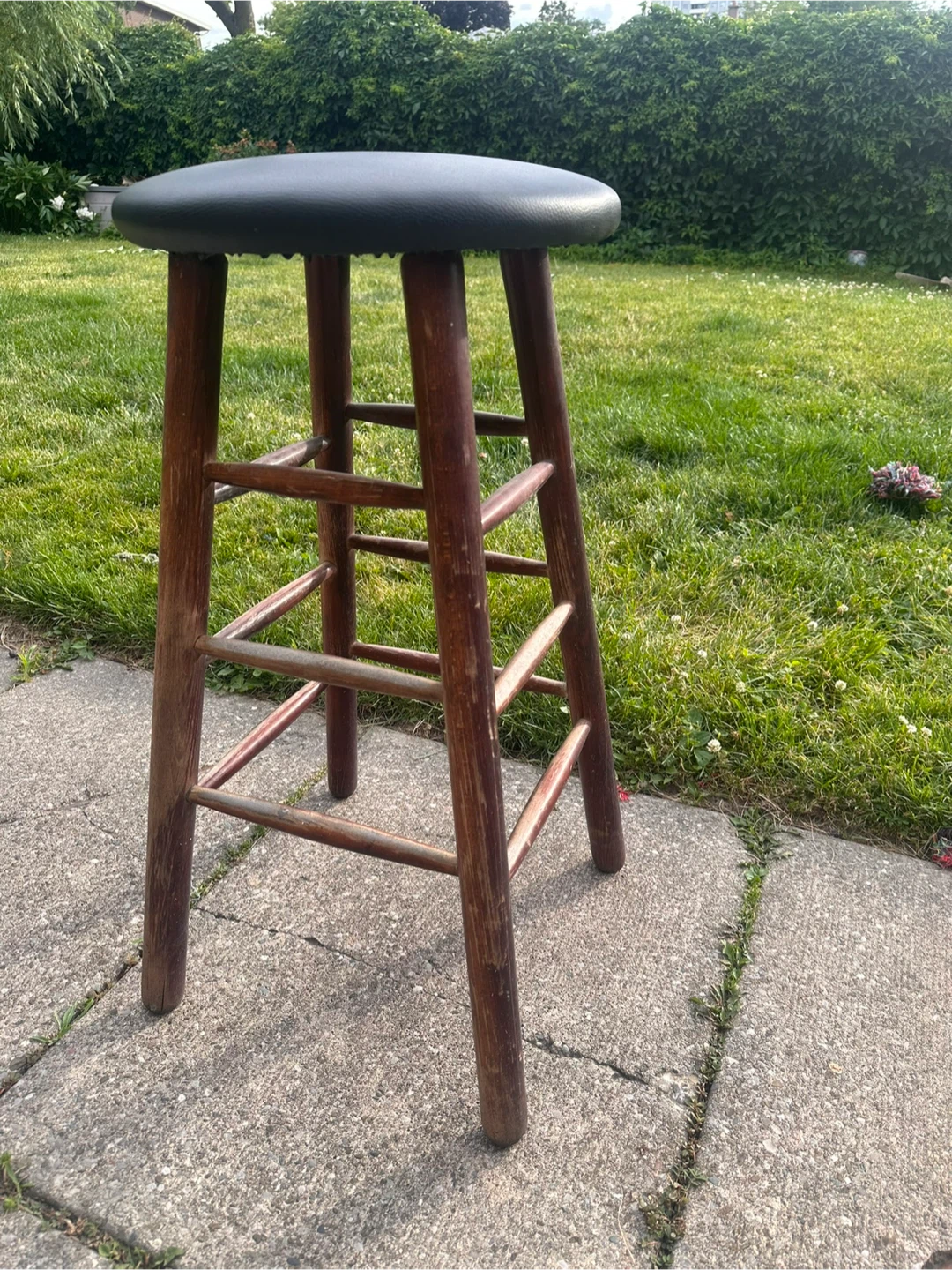 Wooden Bar Stool with Black Faux Leather Seat