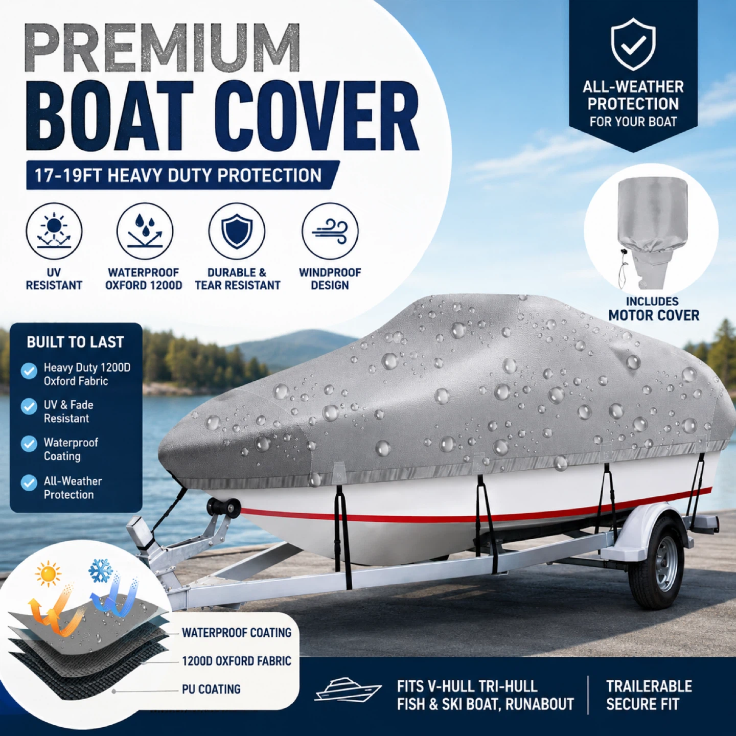 Premium Boat Cover 17-19FT Heavy Duty Protection