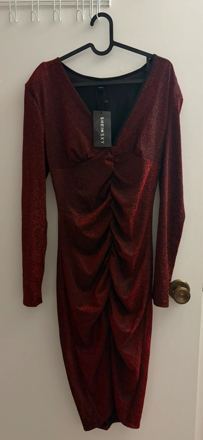 Red Sparkle Ruched Long Sleeve Dress