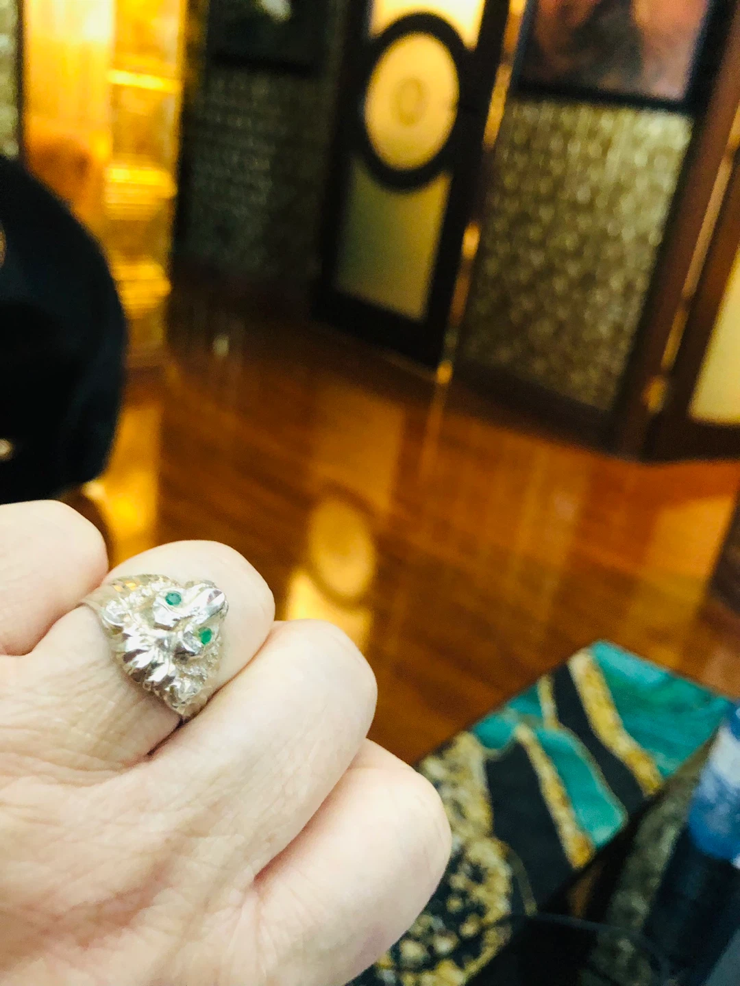 925 stamped Lion Head Ring with Green Stone Eyes