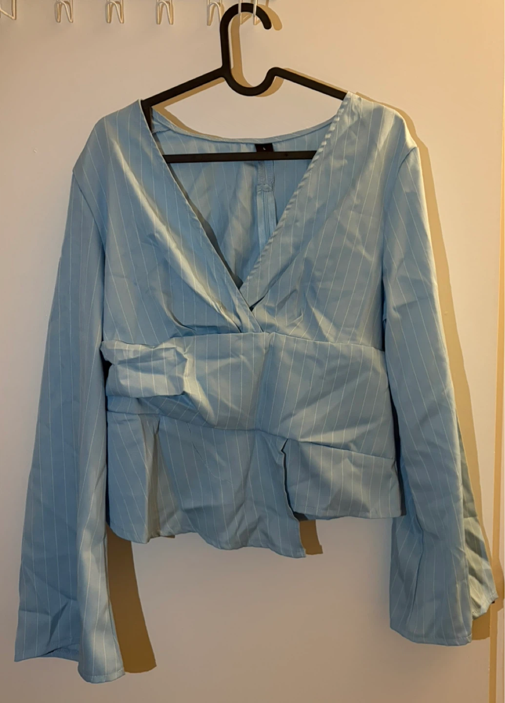 Light Blue Pinstripe Wrap Top