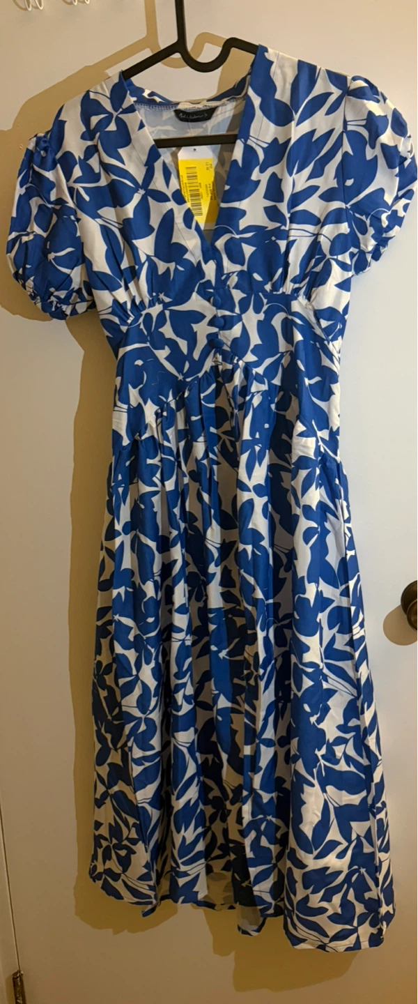 Blue and White Floral Print Midi Dress