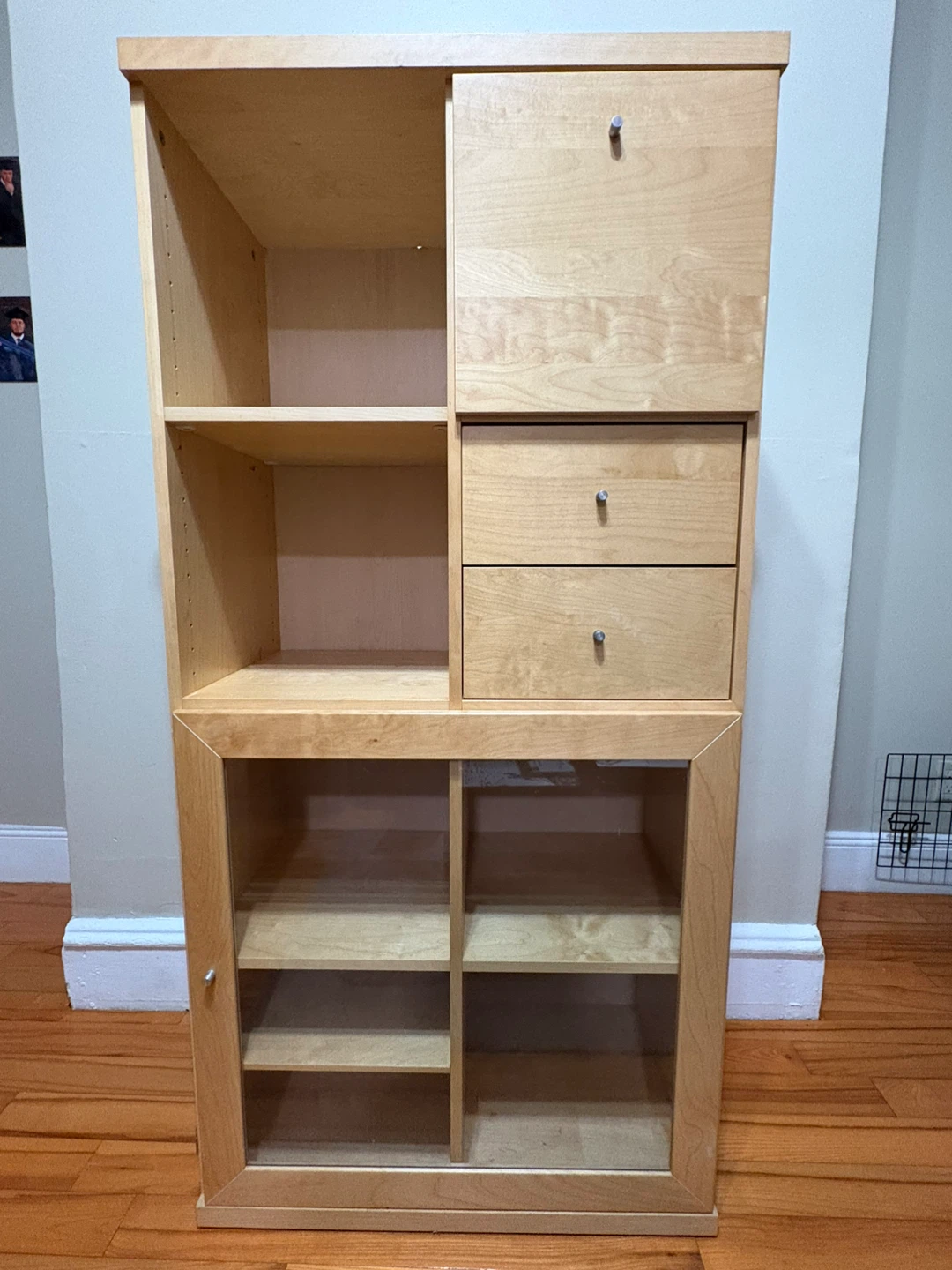 Wood Tall Storage Cabinet with Drawers and Glass Door