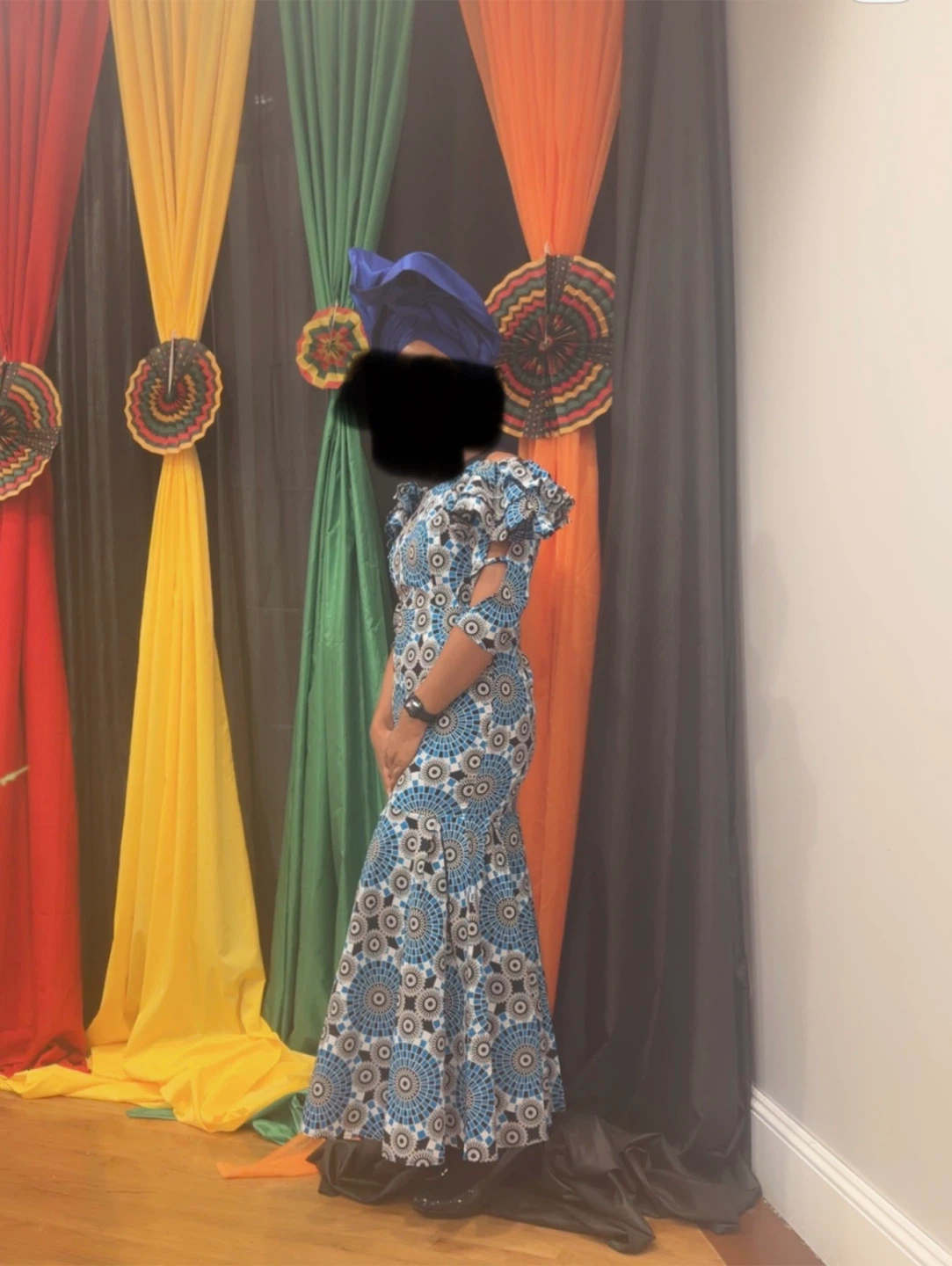 Blue and White Patterned Maxi Dress with Headwrap