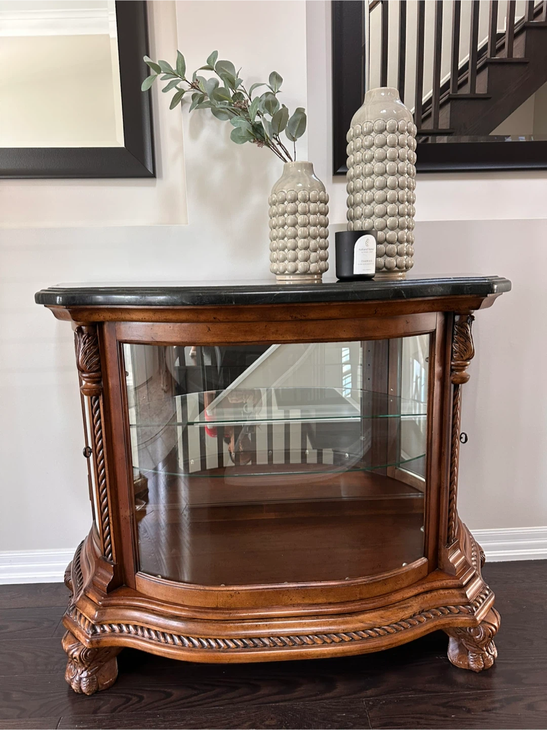 Curved Glass Display Cabinet with Marble Top