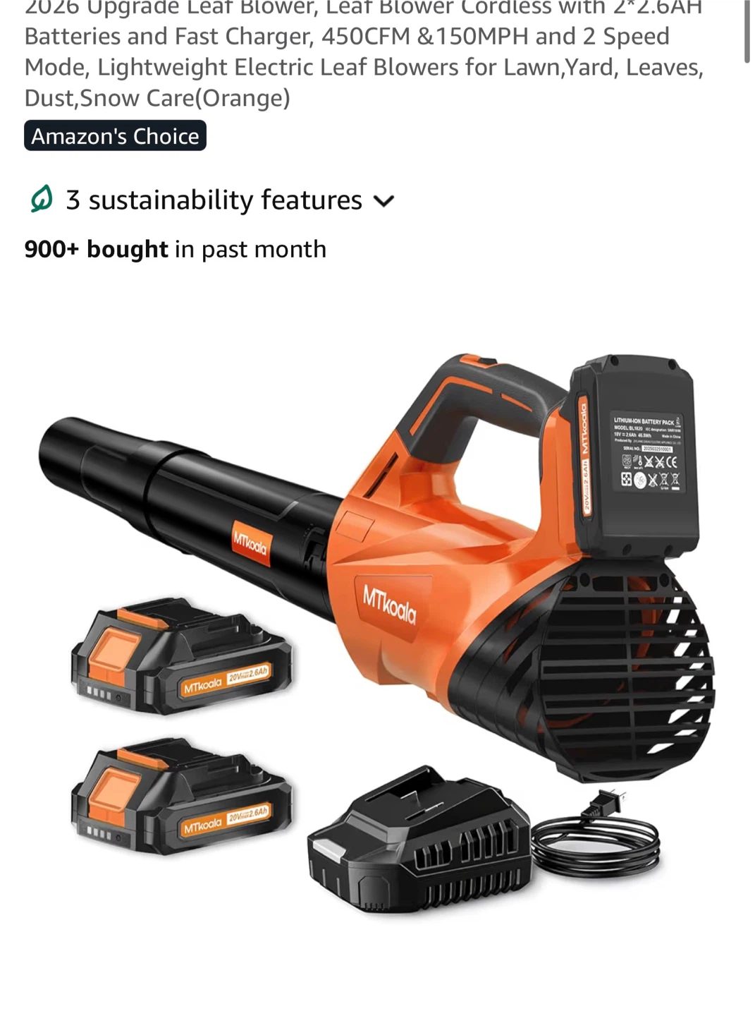 MTKoala Electric Leaf Blower Cordless with 2 Batteries L01