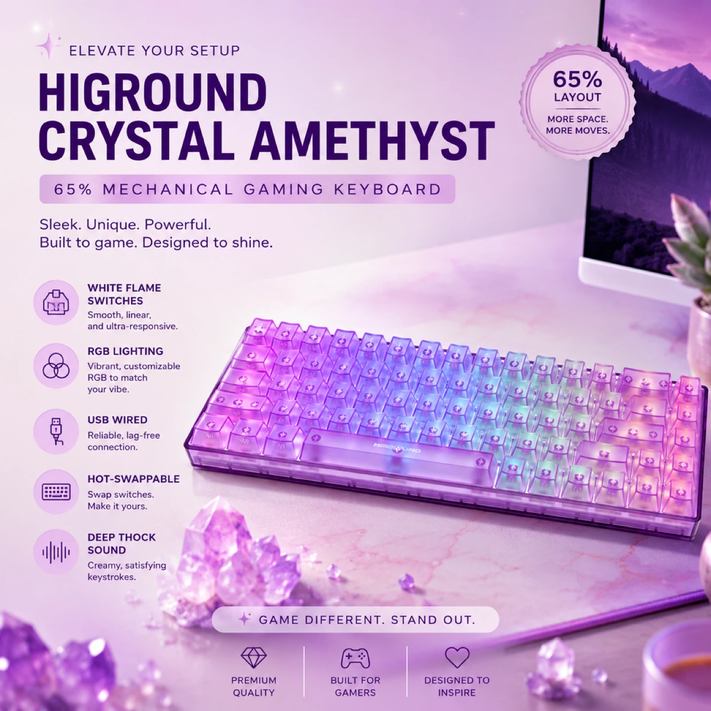 HIGROUND Crystal Amethyst 65% Mechanical Gaming Keyboard