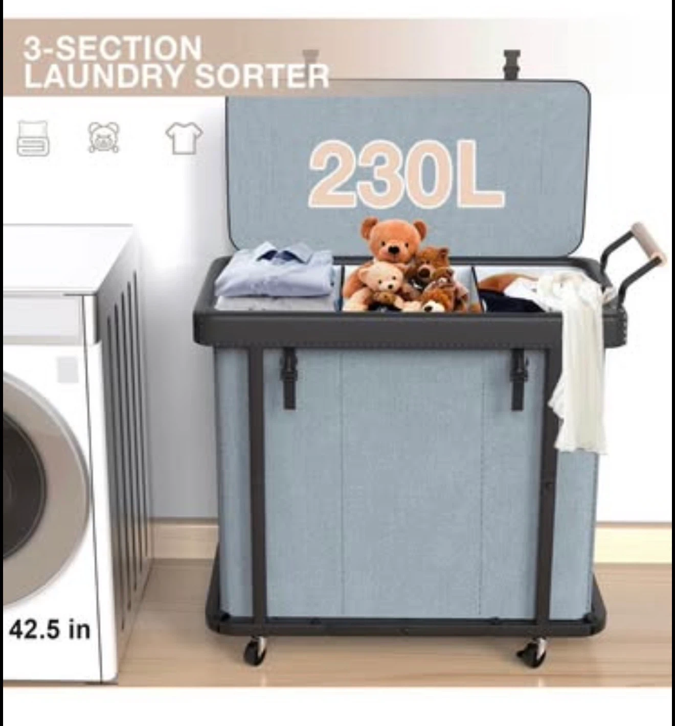 Lowen 3-Section Laundry Sorter with Lid - 230L - Gray - photo 4