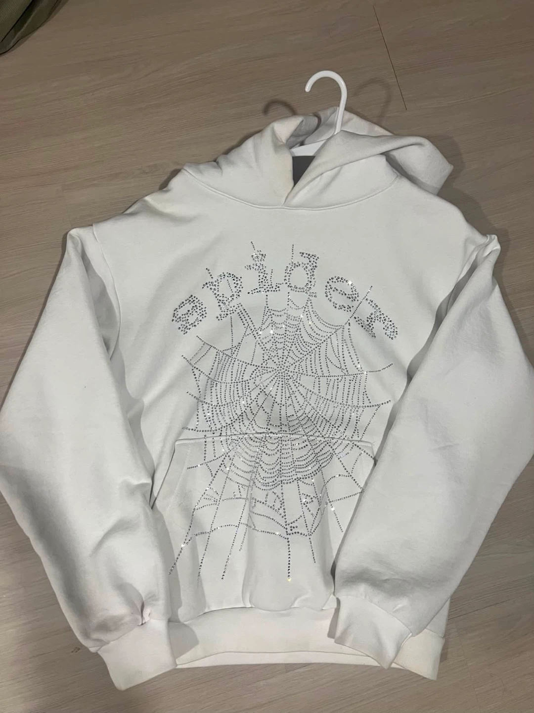 White Spider Hoodie with Rhinestone Web - Size M