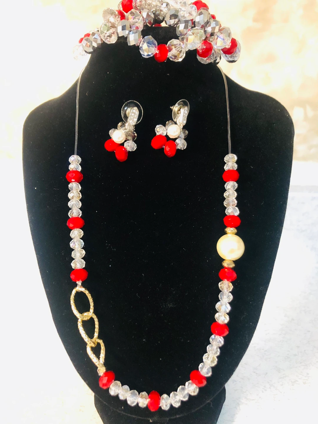 Red and Clear Beaded Necklace, Bracelet, and Earrings Set