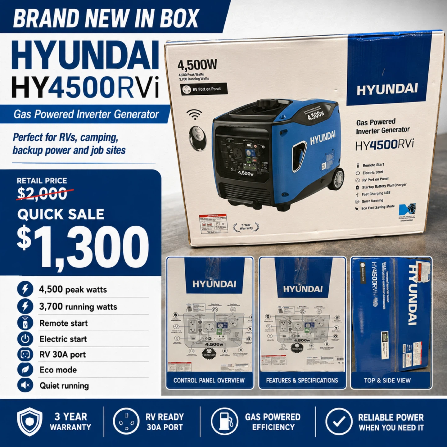 Brand New Hyundai HY4500RVi Inverter Generator receipt inc