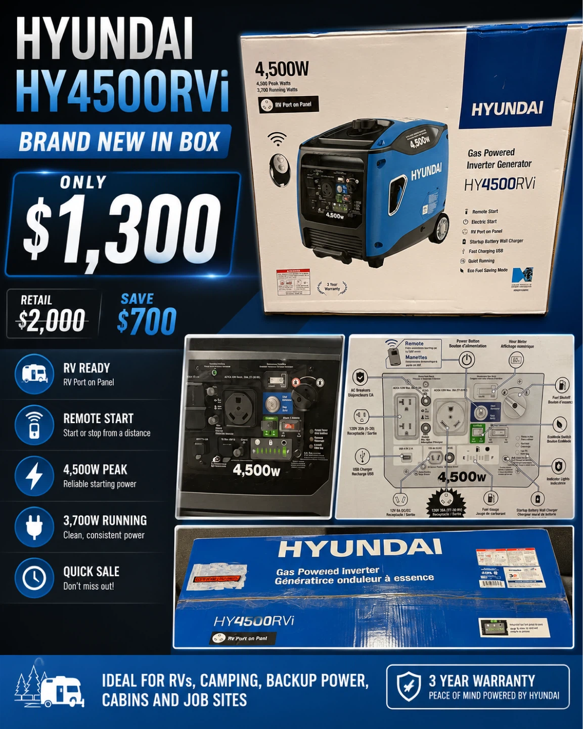 Brand New Hyundai HY4500RVi Inverter Generator receipt inc - photo 2