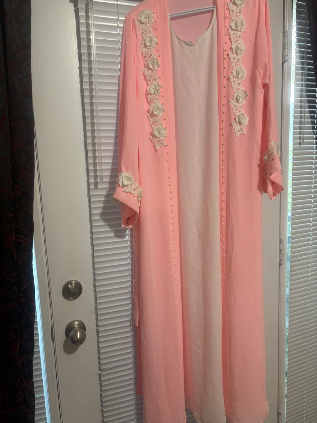 Pink Abaya with White Floral Embellishments