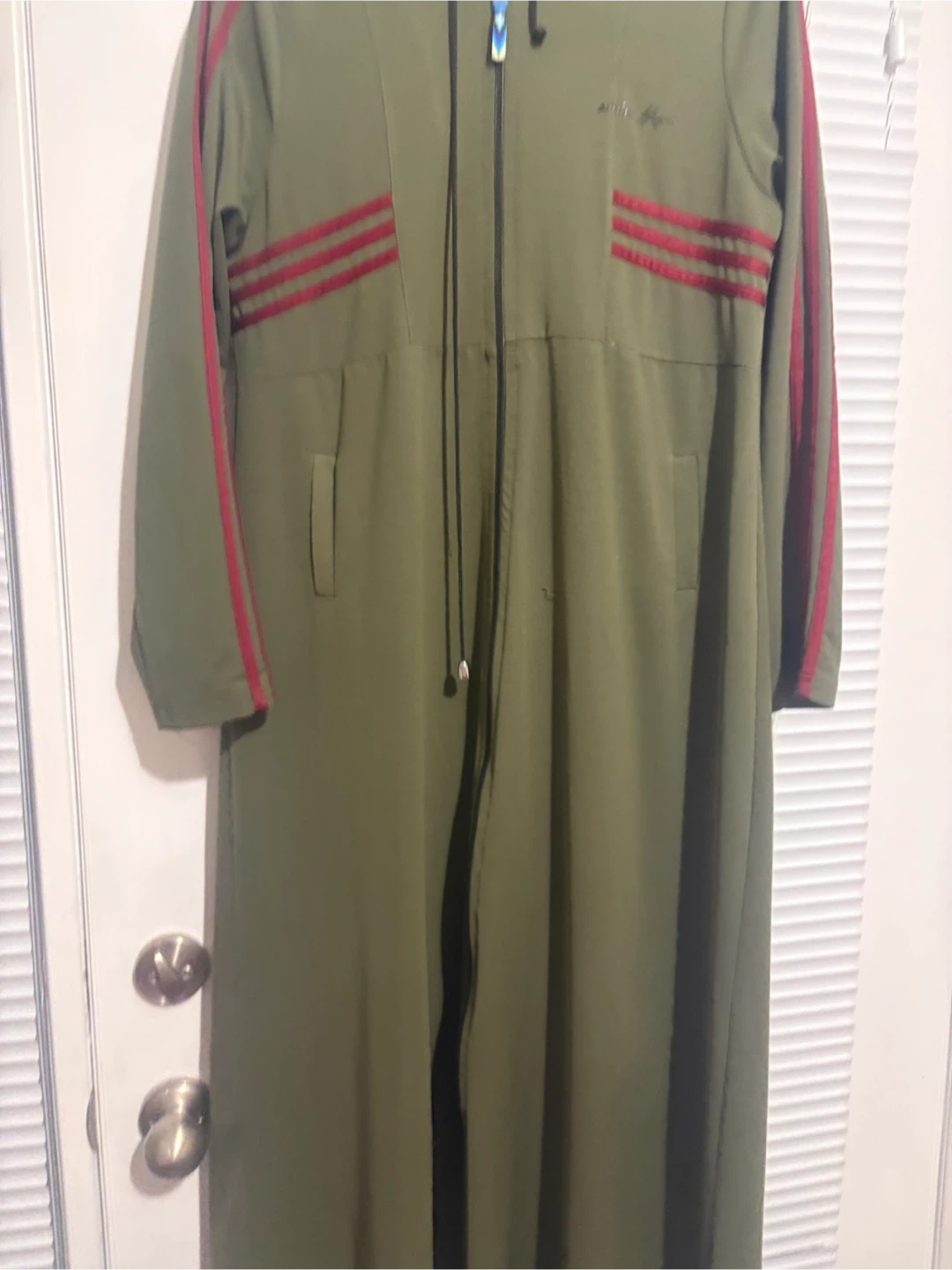 Olive Green Zip-Up Dress with Red Stripes