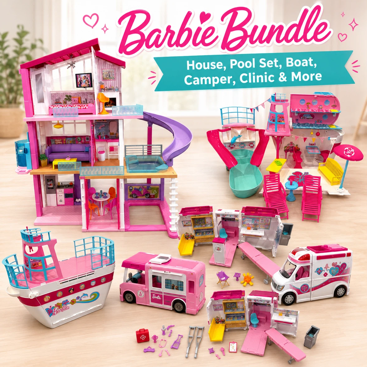 Barbie Bundle Set - Dreamhouse, Camper, and Boat Playsets