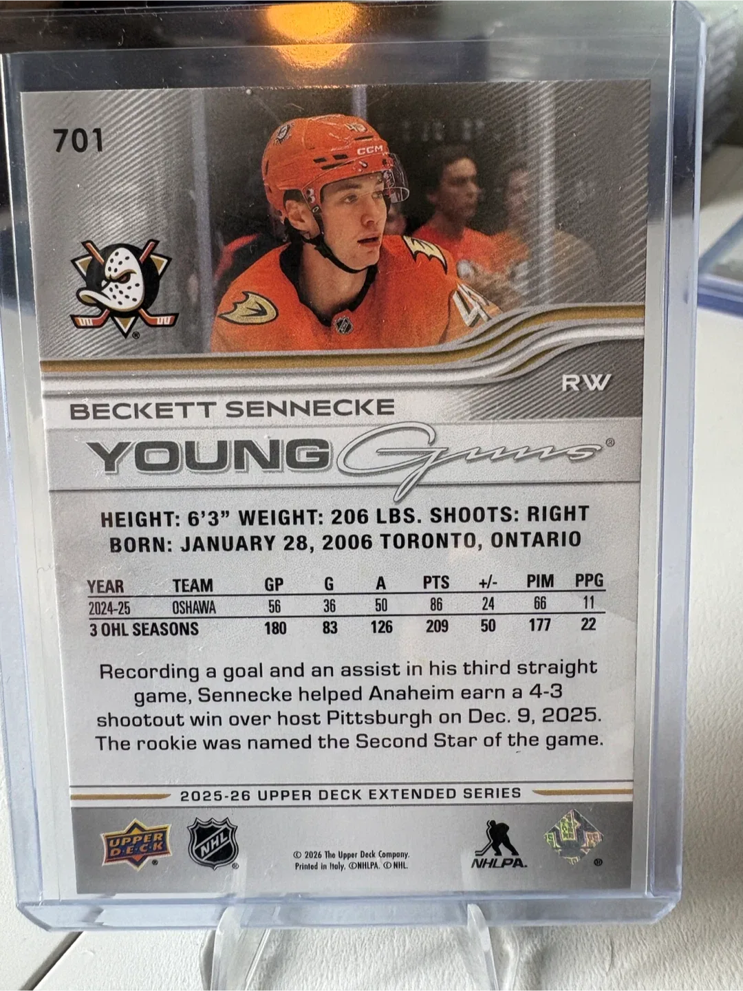 2025-26 Upper Deck Beckett Sennecke Young Guns Hockey Card - photo 2